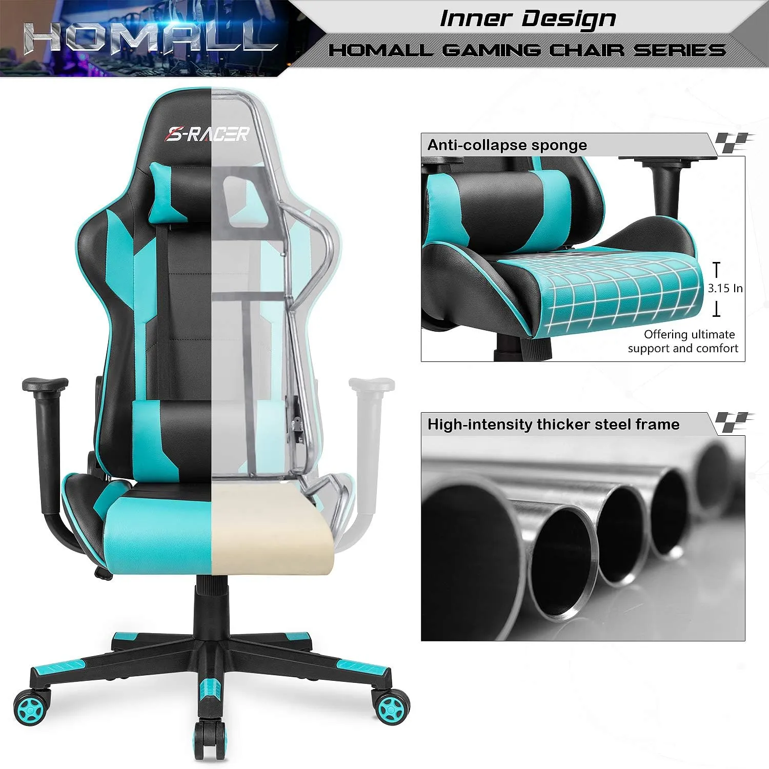 Homall Gaming Chair, Office Chair High Back Computer Chair Leather Desk Chair Racing Executive Ergonomic Adjustable Swivel Task Chair with Headrest and Lumbar Support(Cyan)