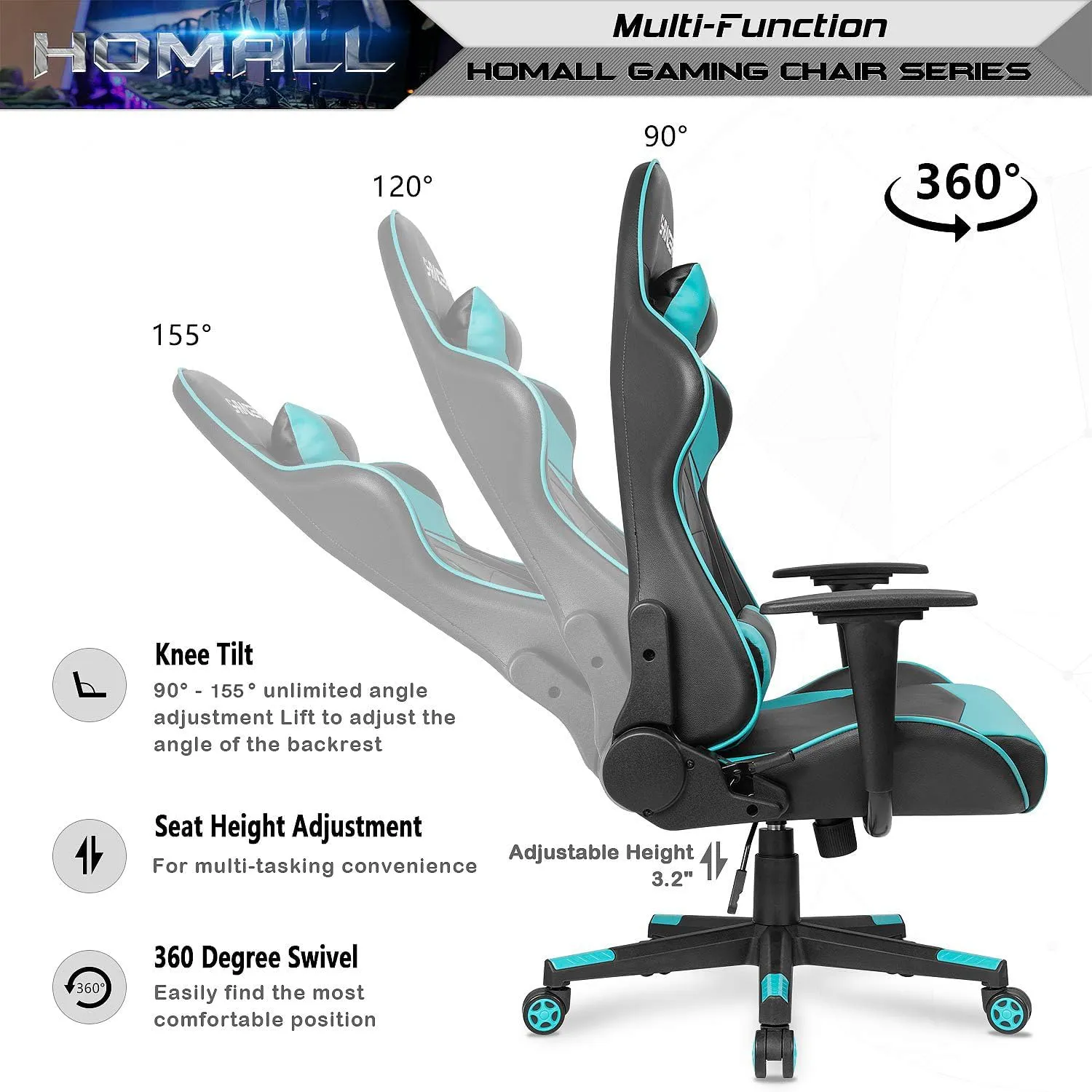 Homall Gaming Chair, Office Chair High Back Computer Chair Leather Desk Chair Racing Executive Ergonomic Adjustable Swivel Task Chair with Headrest and Lumbar Support(Cyan)