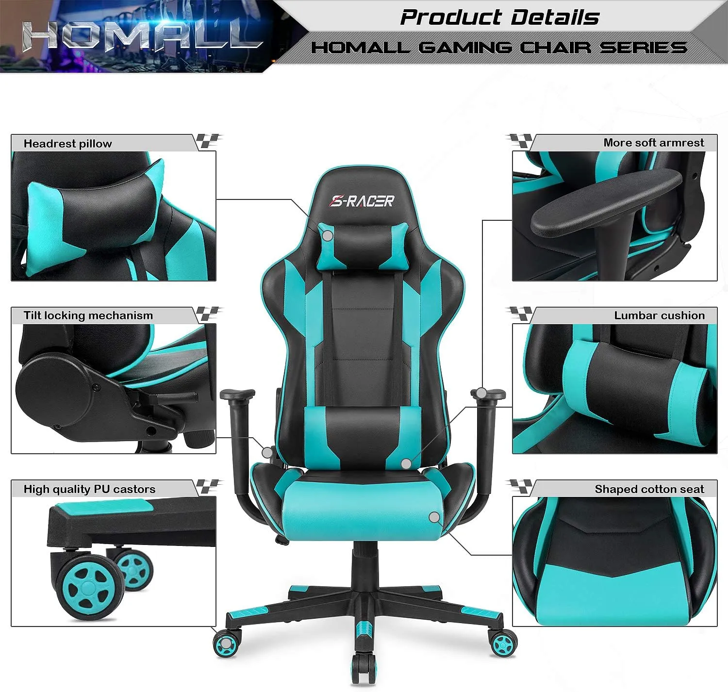 Homall Gaming Chair, Office Chair High Back Computer Chair Leather Desk Chair Racing Executive Ergonomic Adjustable Swivel Task Chair with Headrest and Lumbar Support(Cyan)