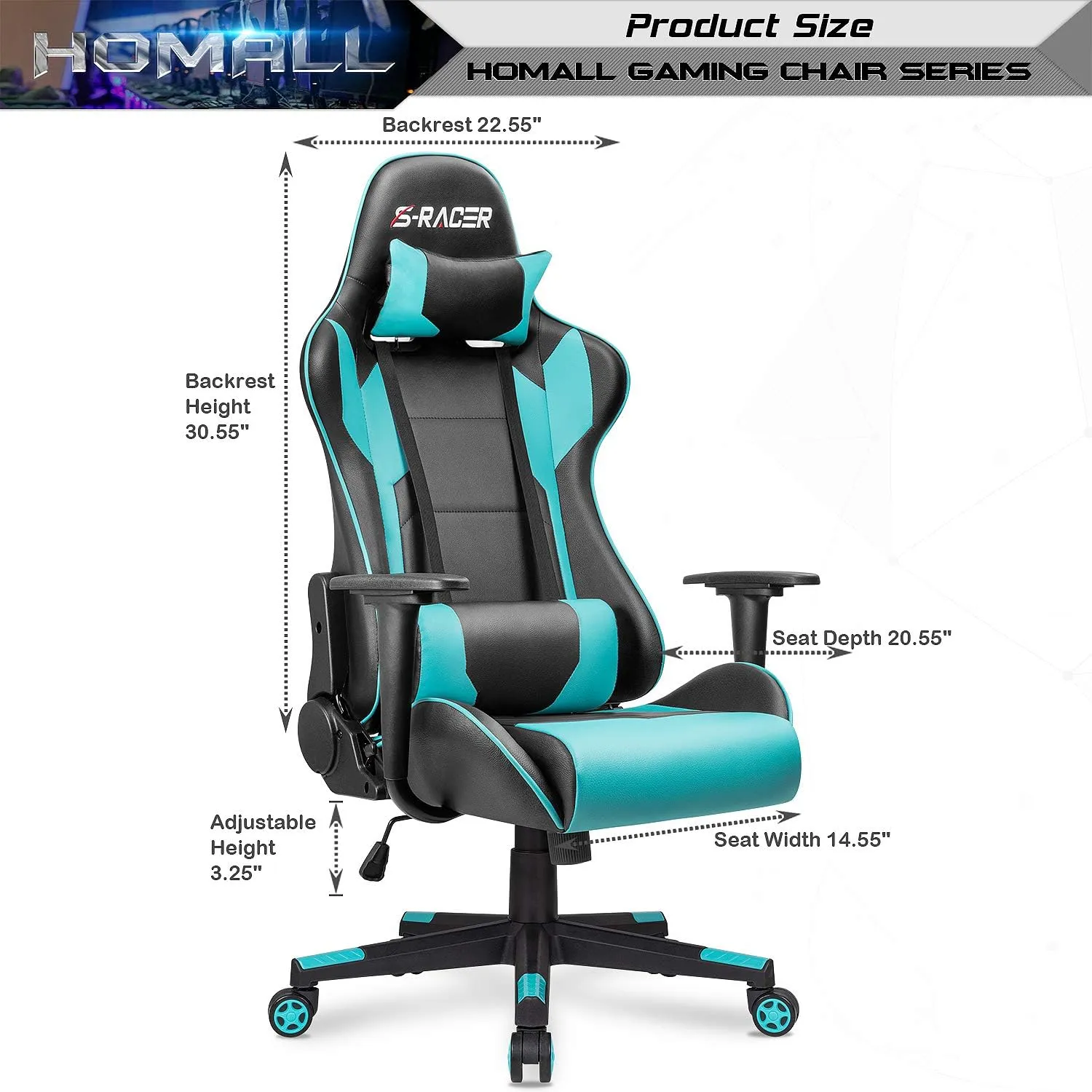 Homall Gaming Chair, Office Chair High Back Computer Chair Leather Desk Chair Racing Executive Ergonomic Adjustable Swivel Task Chair with Headrest and Lumbar Support(Cyan)
