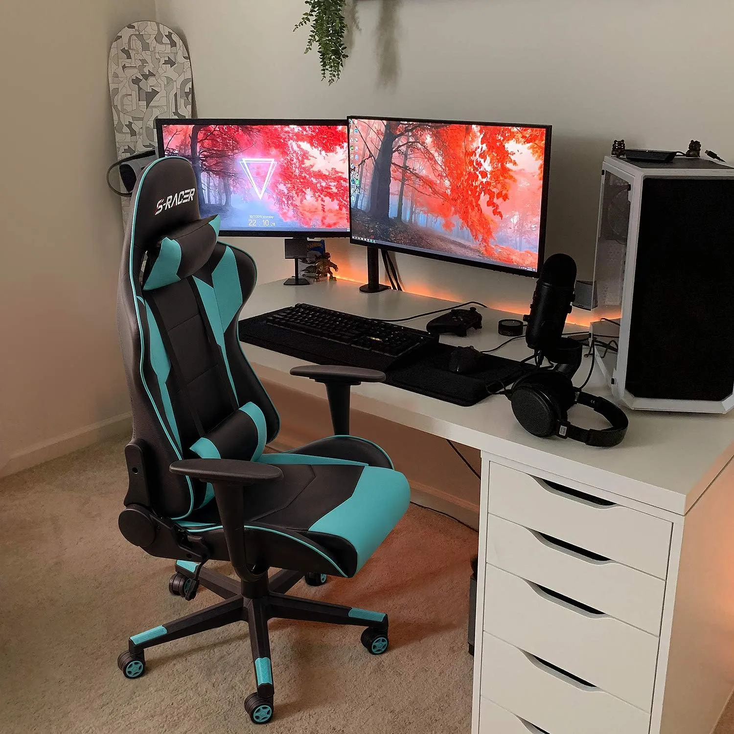 Homall Gaming Chair, Office Chair High Back Computer Chair Leather Desk Chair Racing Executive Ergonomic Adjustable Swivel Task Chair with Headrest and Lumbar Support(Cyan)
