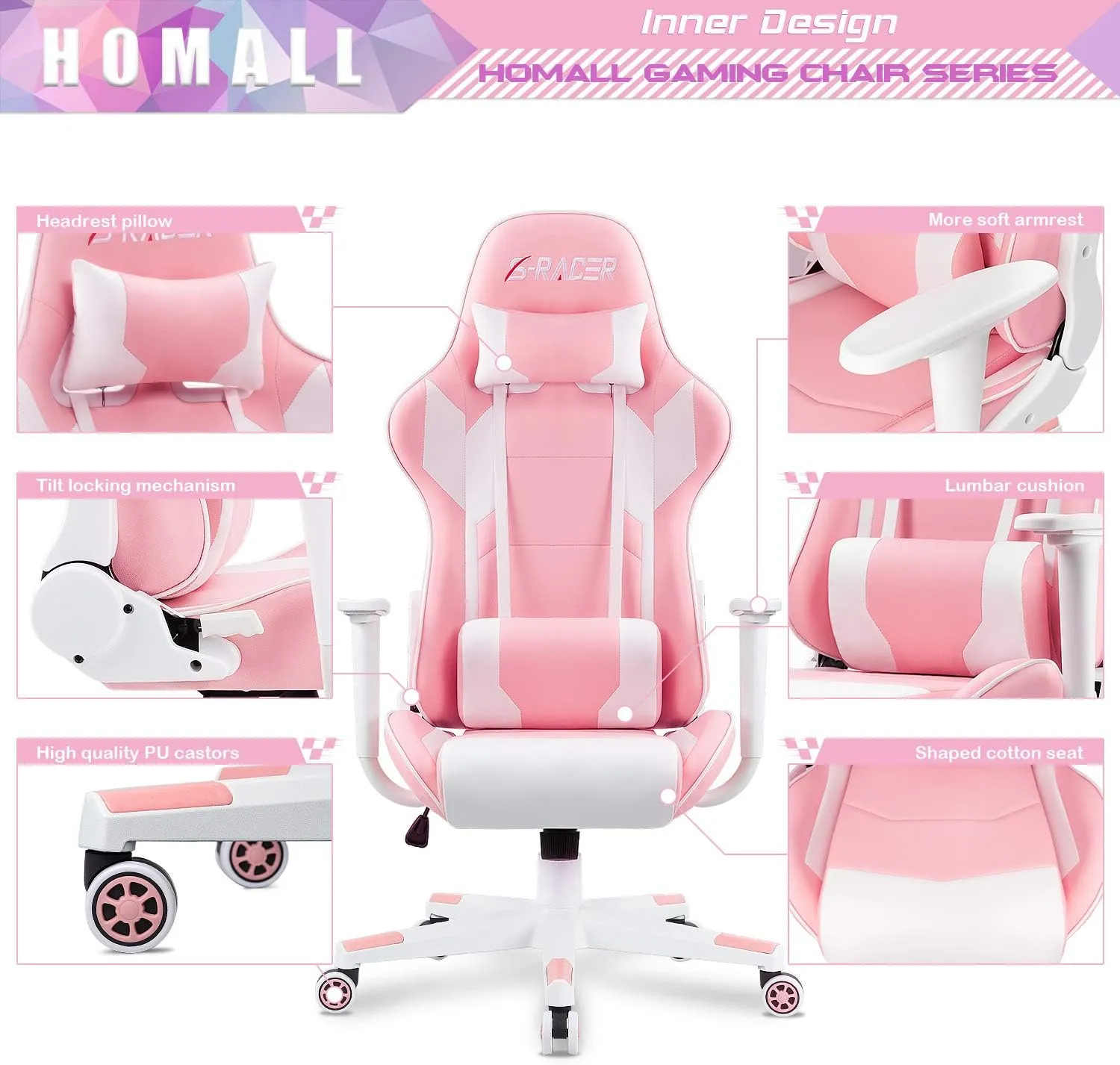 Homall Gaming Chair, Office Chair High Back Computer Chair Leather Desk Chair Racing Executive Ergonomic Adjustable Swivel Task Chair with Headrest and Lumbar Support(Pink)