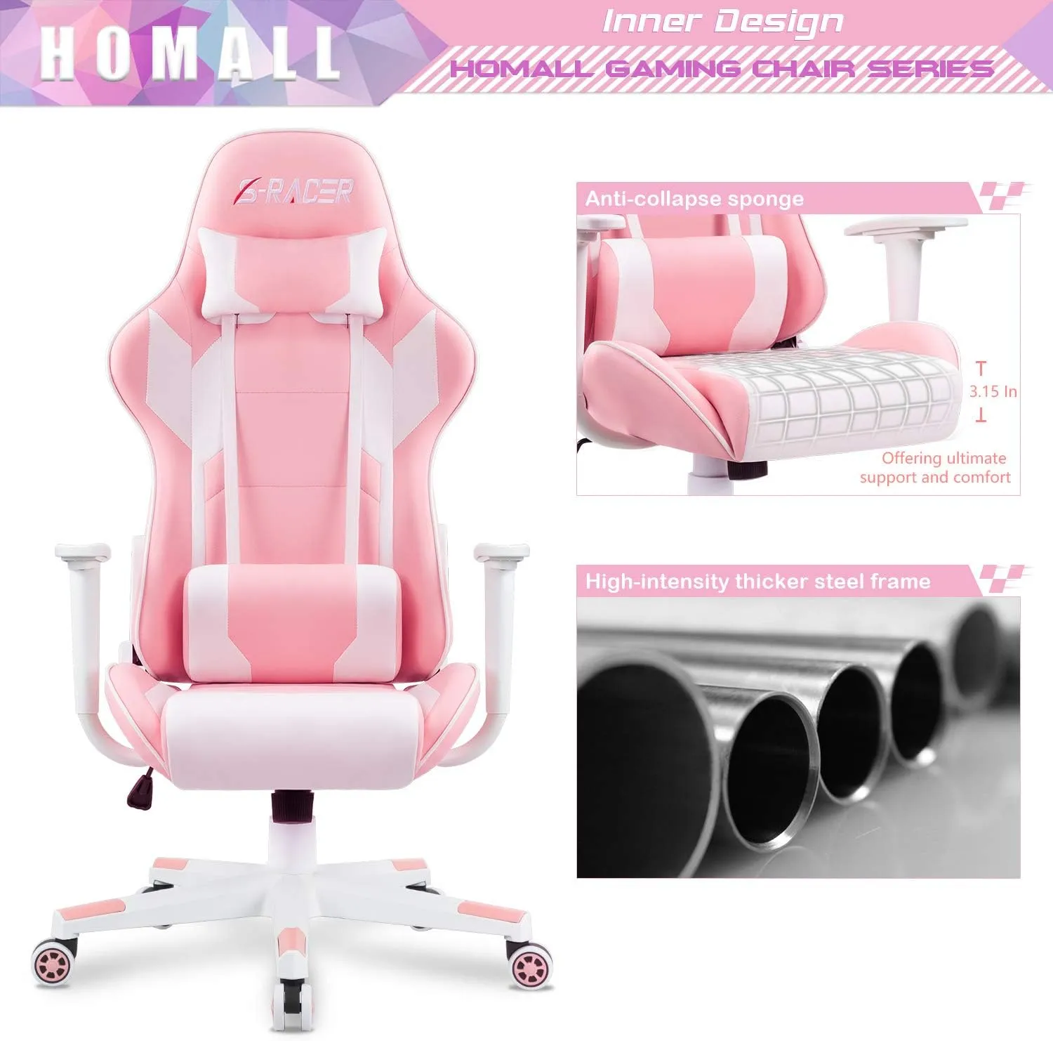 Homall Gaming Chair, Office Chair High Back Computer Chair Leather Desk Chair Racing Executive Ergonomic Adjustable Swivel Task Chair with Headrest and Lumbar Support(Pink)
