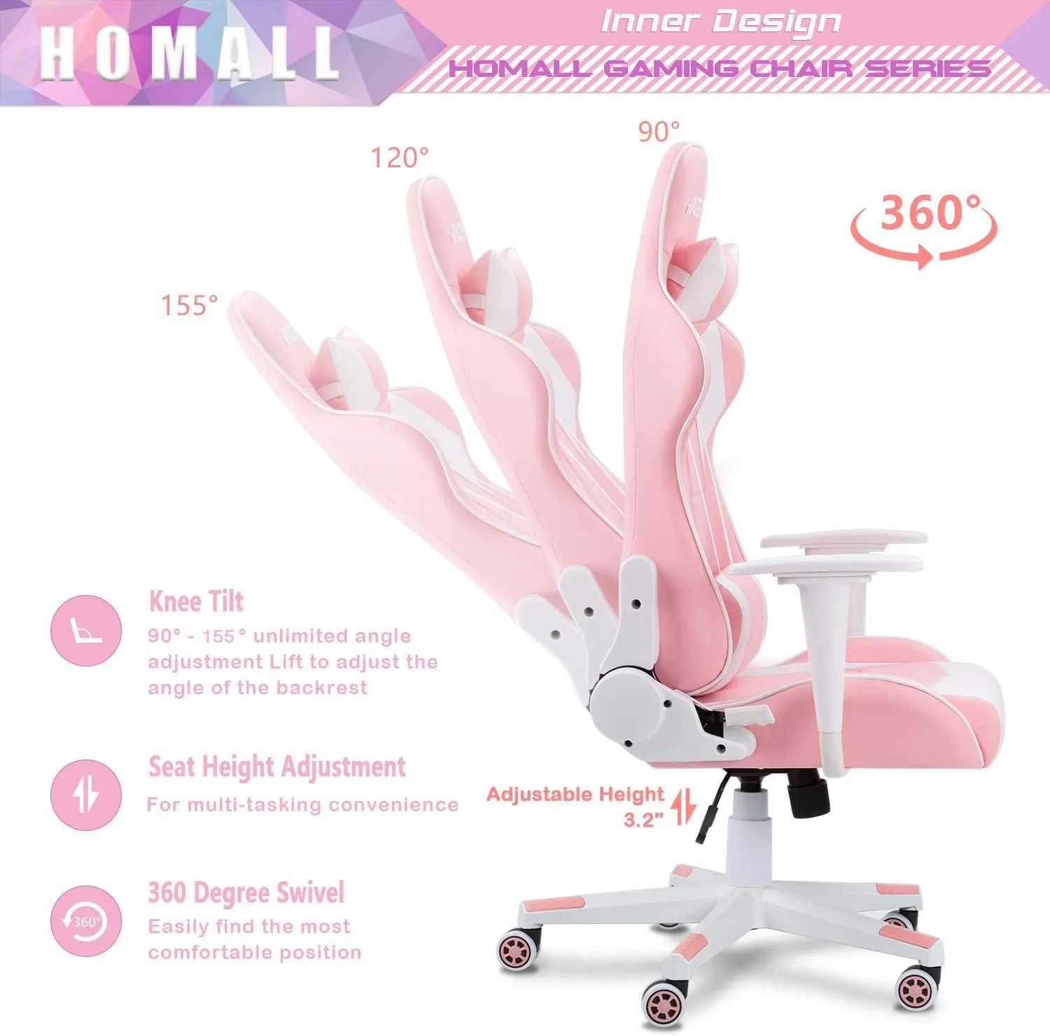 Homall Gaming Chair, Office Chair High Back Computer Chair Leather Desk Chair Racing Executive Ergonomic Adjustable Swivel Task Chair with Headrest and Lumbar Support(Pink)