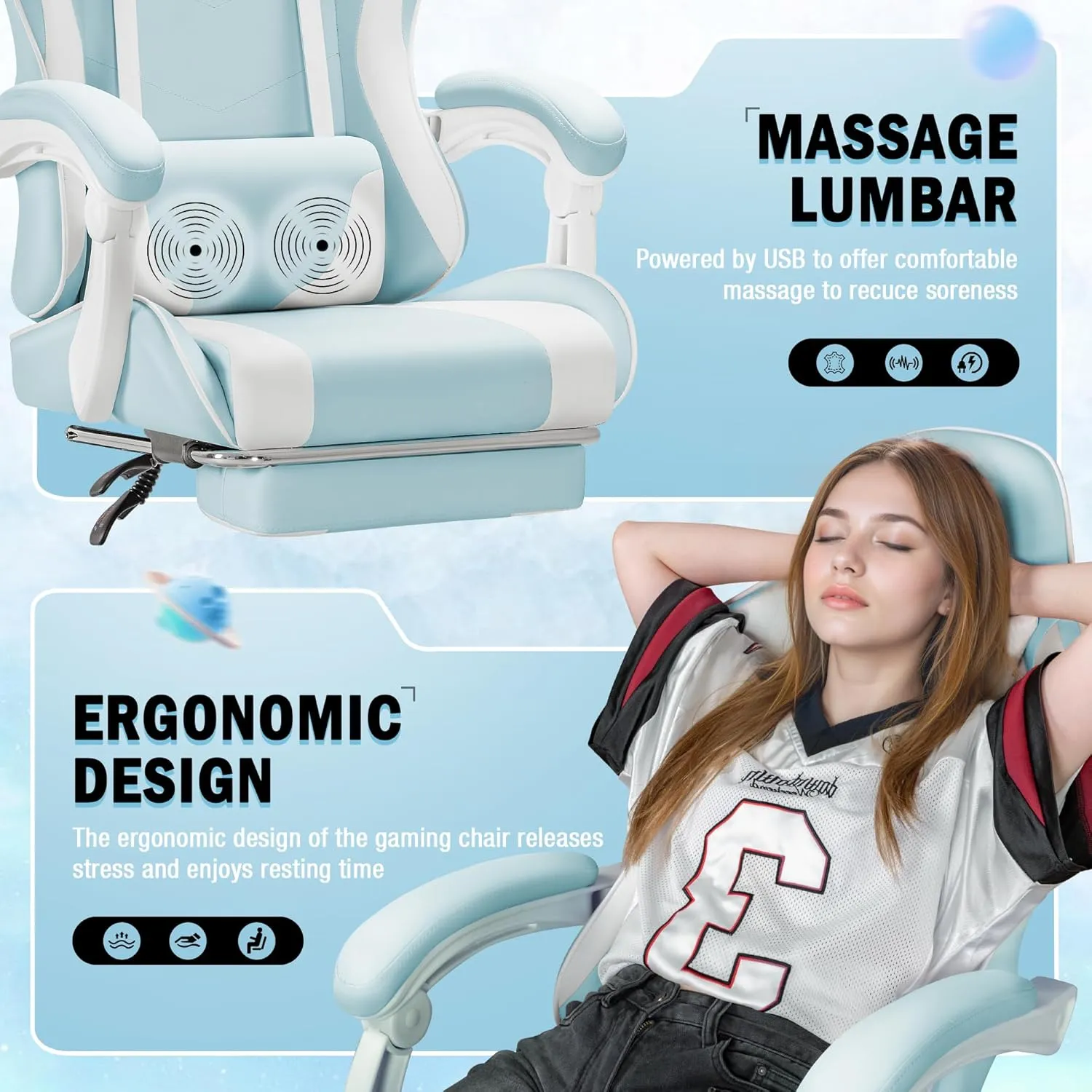 Homall Gaming Chair, Video Game Chair with Footrest and Massage Lumbar Support, Ergonomic Computer Chair Height Adjustable with Swivel Seat and Headrest (Light Blue)