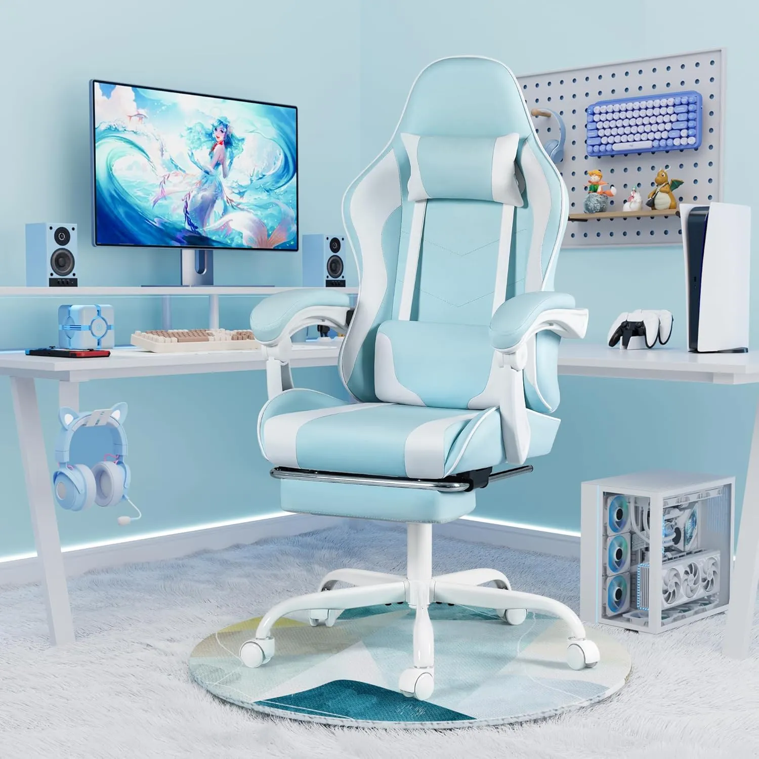 Homall Gaming Chair, Video Game Chair with Footrest and Massage Lumbar Support, Ergonomic Computer Chair Height Adjustable with Swivel Seat and Headrest (Light Blue)