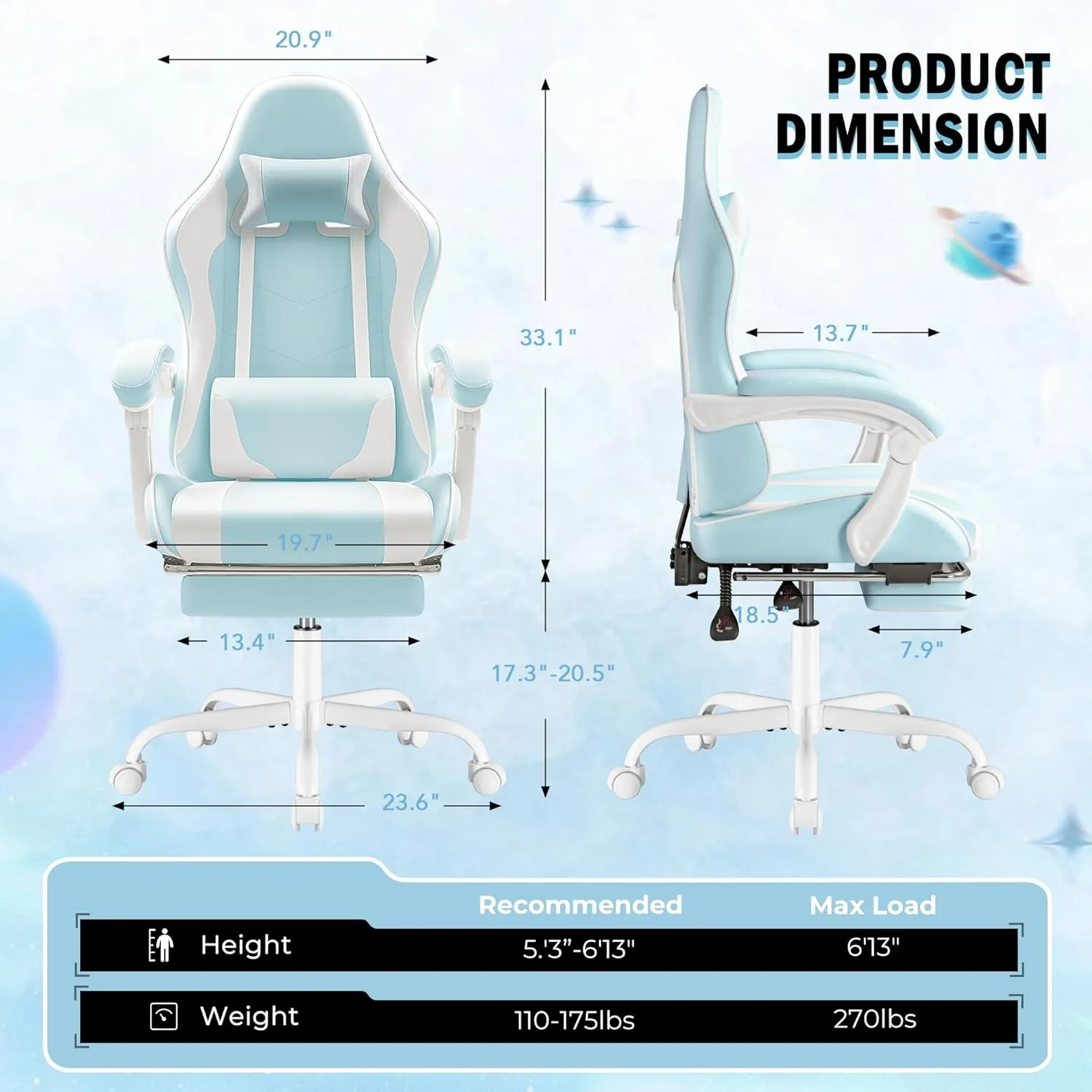 Homall Gaming Chair, Video Game Chair with Footrest and Massage Lumbar Support, Ergonomic Computer Chair Height Adjustable with Swivel Seat and Headrest (Light Blue)