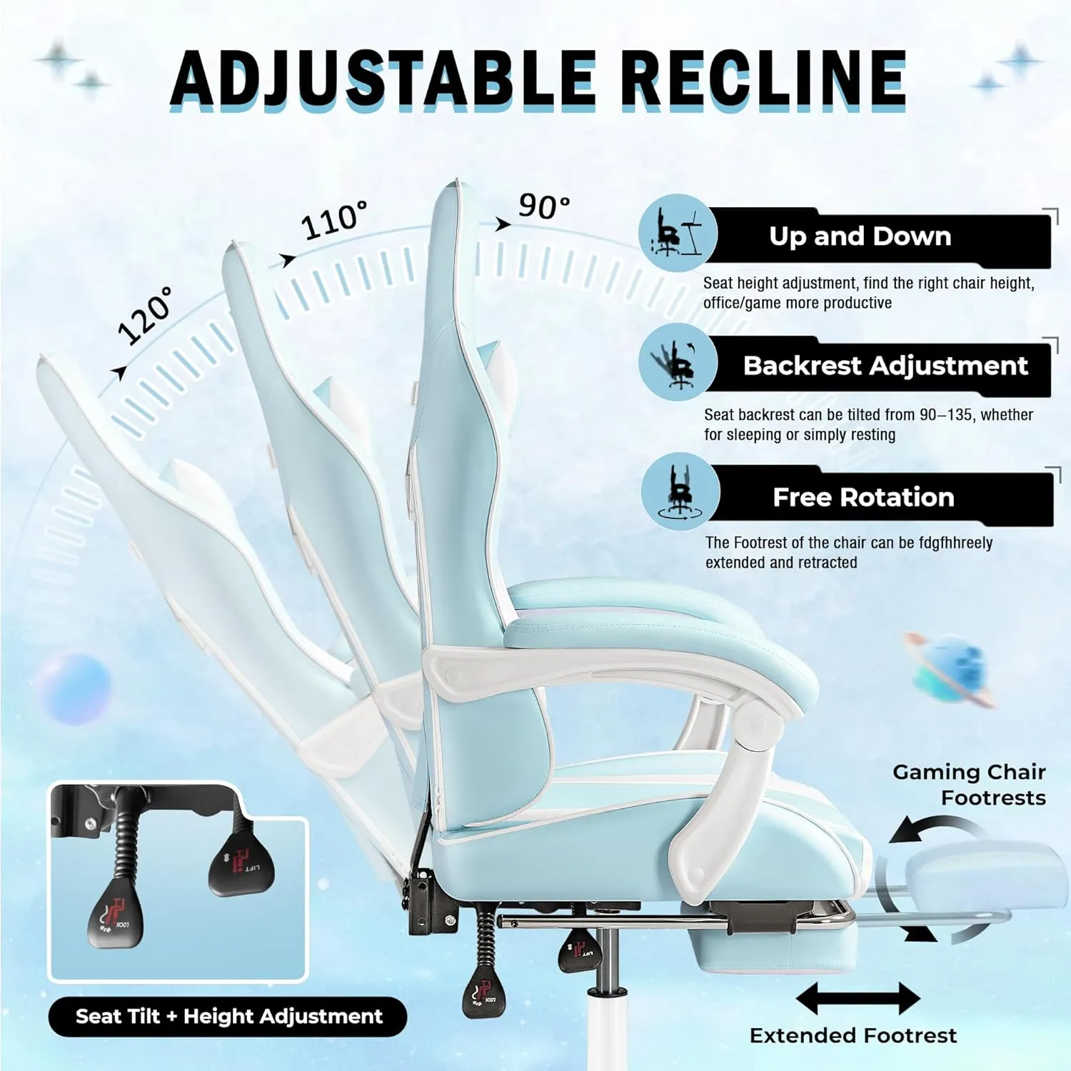 Homall Gaming Chair, Video Game Chair with Footrest and Massage Lumbar Support, Ergonomic Computer Chair Height Adjustable with Swivel Seat and Headrest (Light Blue)