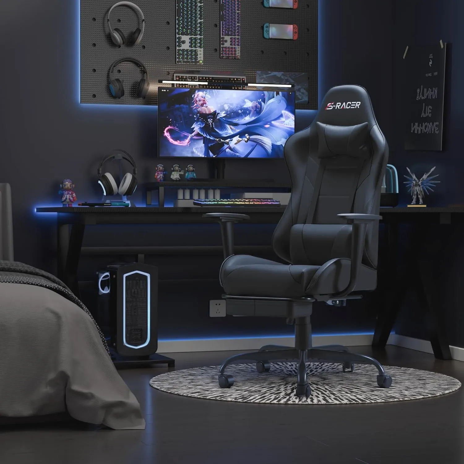 Homall Gaming Chairs, Computer Chair with Footrest and Massage Lumbar Support, Height Adjustable Game Chair with Headrest and Swivel Seat (Black)