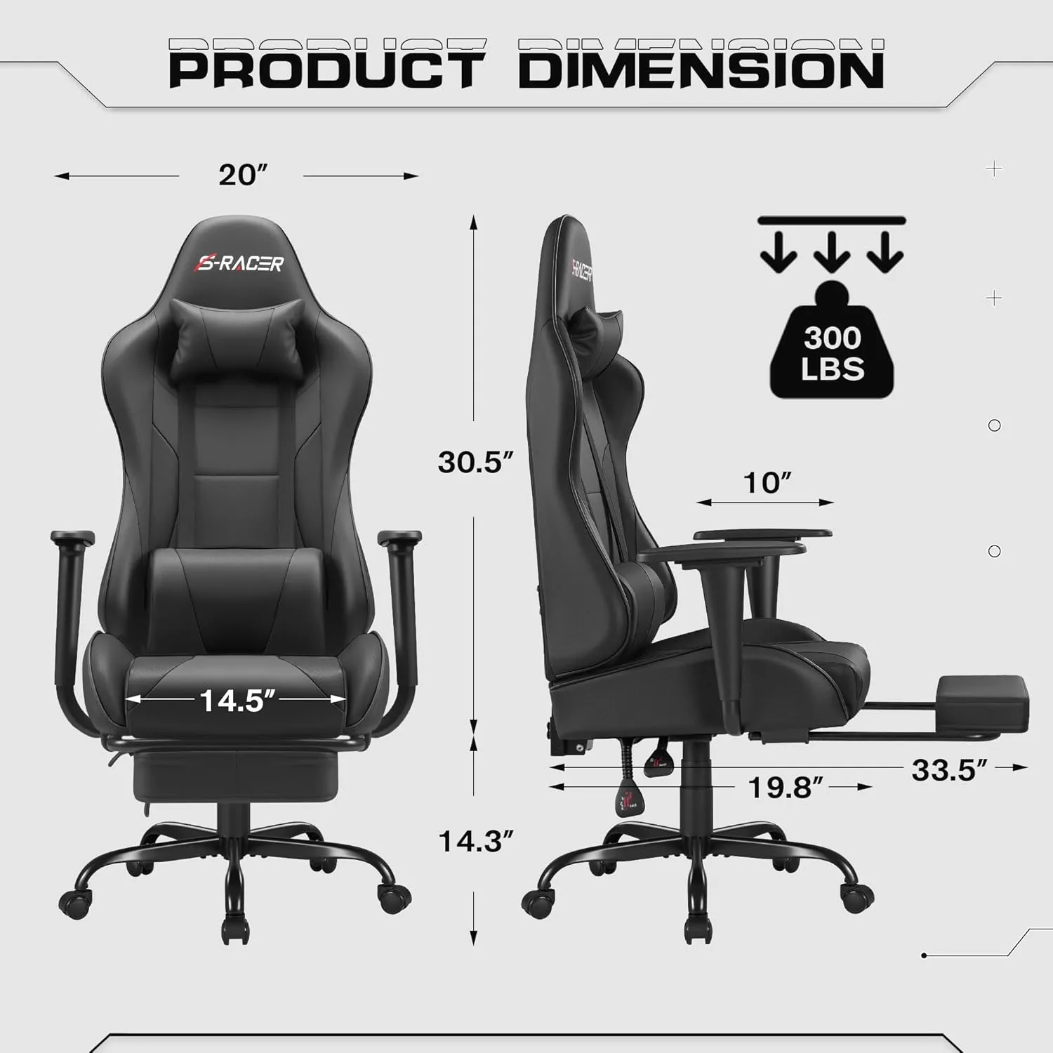 Homall Gaming Chairs, Computer Chair with Footrest and Massage Lumbar Support, Height Adjustable Game Chair with Headrest and Swivel Seat (Black)
