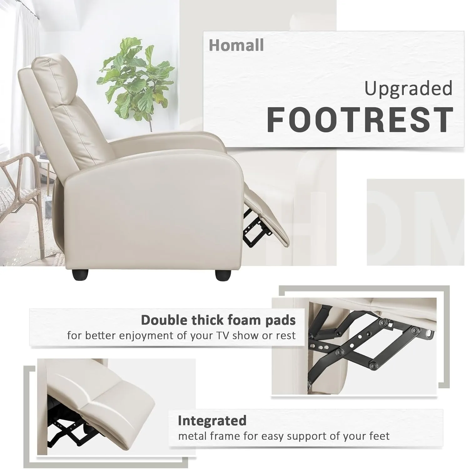 Homall Recliner Chair, Recliner Sofa for Adults, Recliners Home Theater Seating with Lumbar Support, Reclining Sofa Chair for Living Room (Leather, Beige)