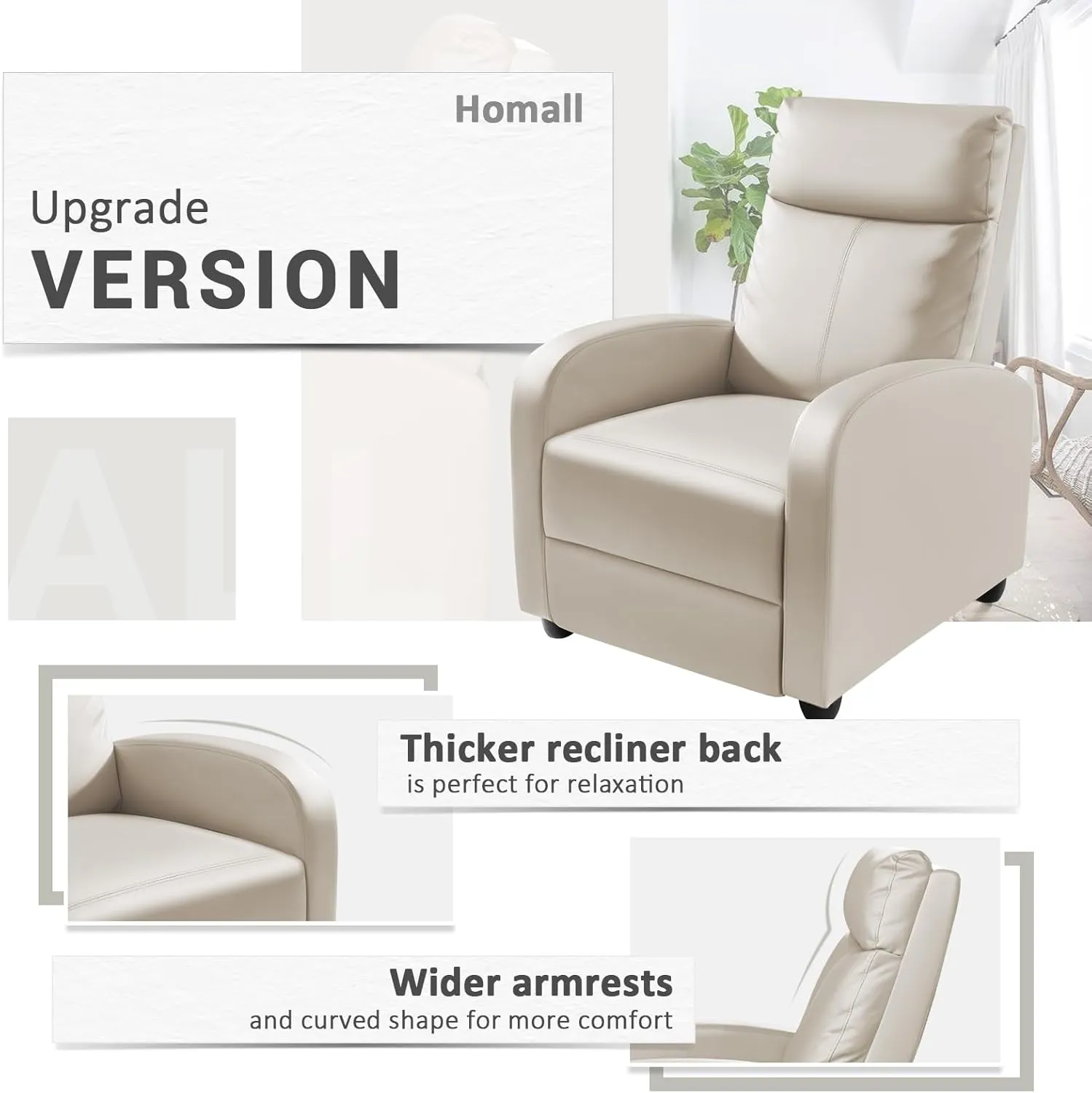 Homall Recliner Chair, Recliner Sofa for Adults, Recliners Home Theater Seating with Lumbar Support, Reclining Sofa Chair for Living Room (Leather, Beige)