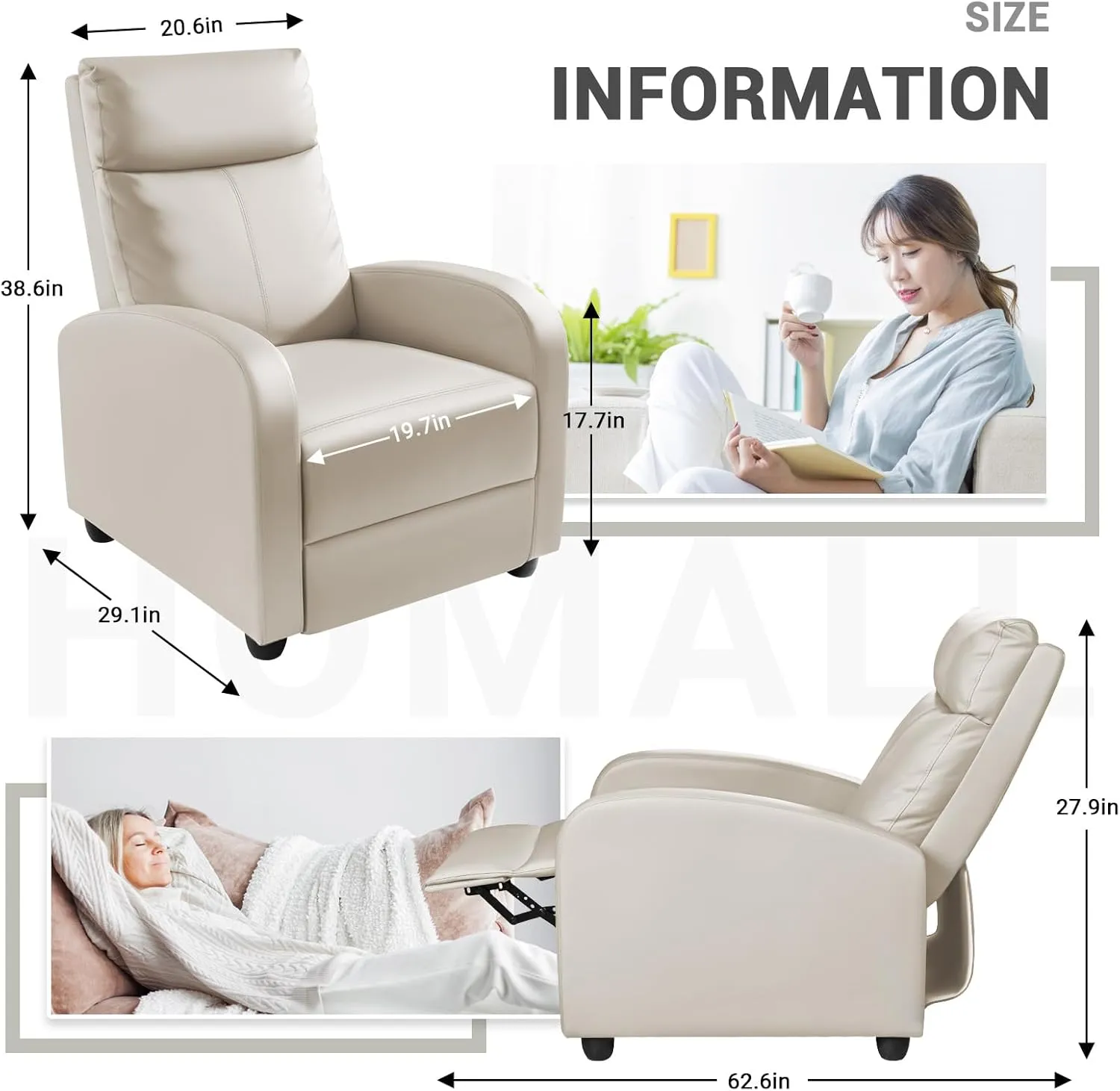 Homall Recliner Chair, Recliner Sofa for Adults, Recliners Home Theater Seating with Lumbar Support, Reclining Sofa Chair for Living Room (Leather, Beige)
