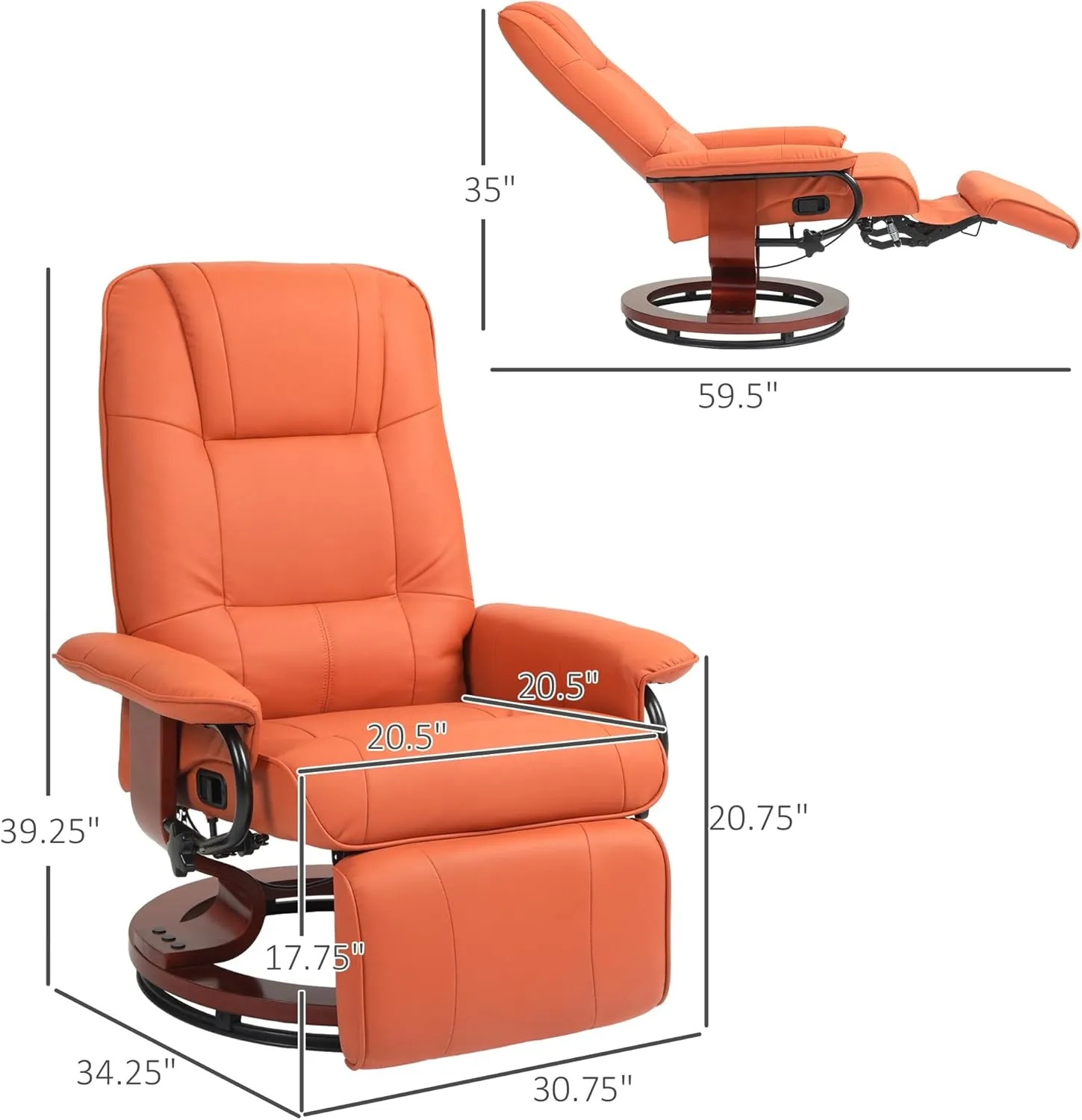 HOMCOM Faux Leather Manual Recliner, Adjustable Swivel Lounge Chair with Footrest, Armrest and Wrapped Wood Base for Living Room, Orange
