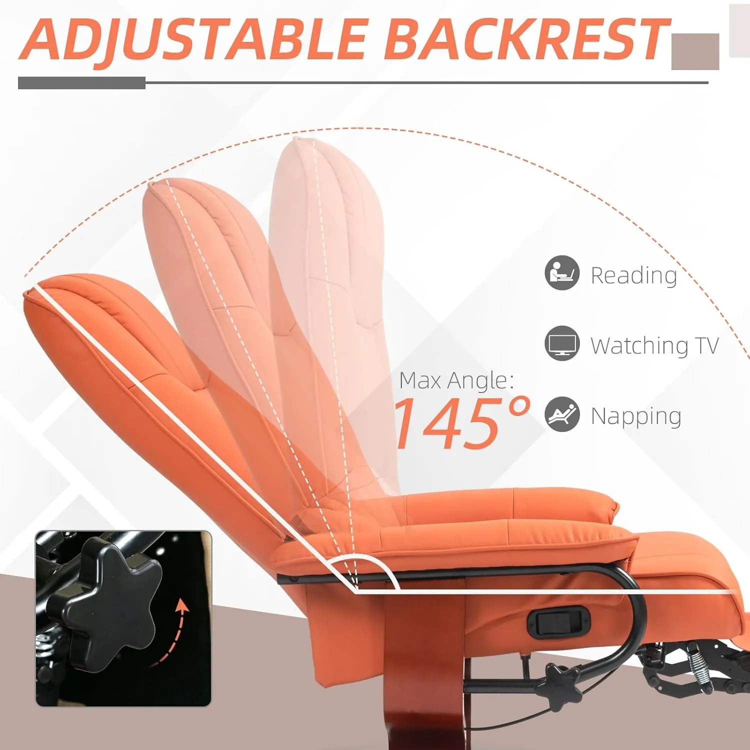 HOMCOM Faux Leather Manual Recliner, Adjustable Swivel Lounge Chair with Footrest, Armrest and Wrapped Wood Base for Living Room, Orange