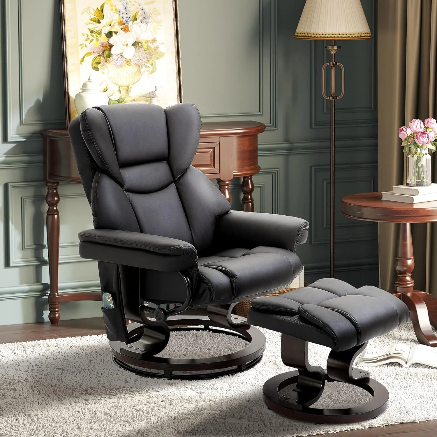 HOMCOM Massage Recliner Chair with Ottoman Footrest, 10 Vibration Points, 360° Swivel Reclining Chair, Faux Leather Living Room Chair with Side Pocket and Remote Control, Black