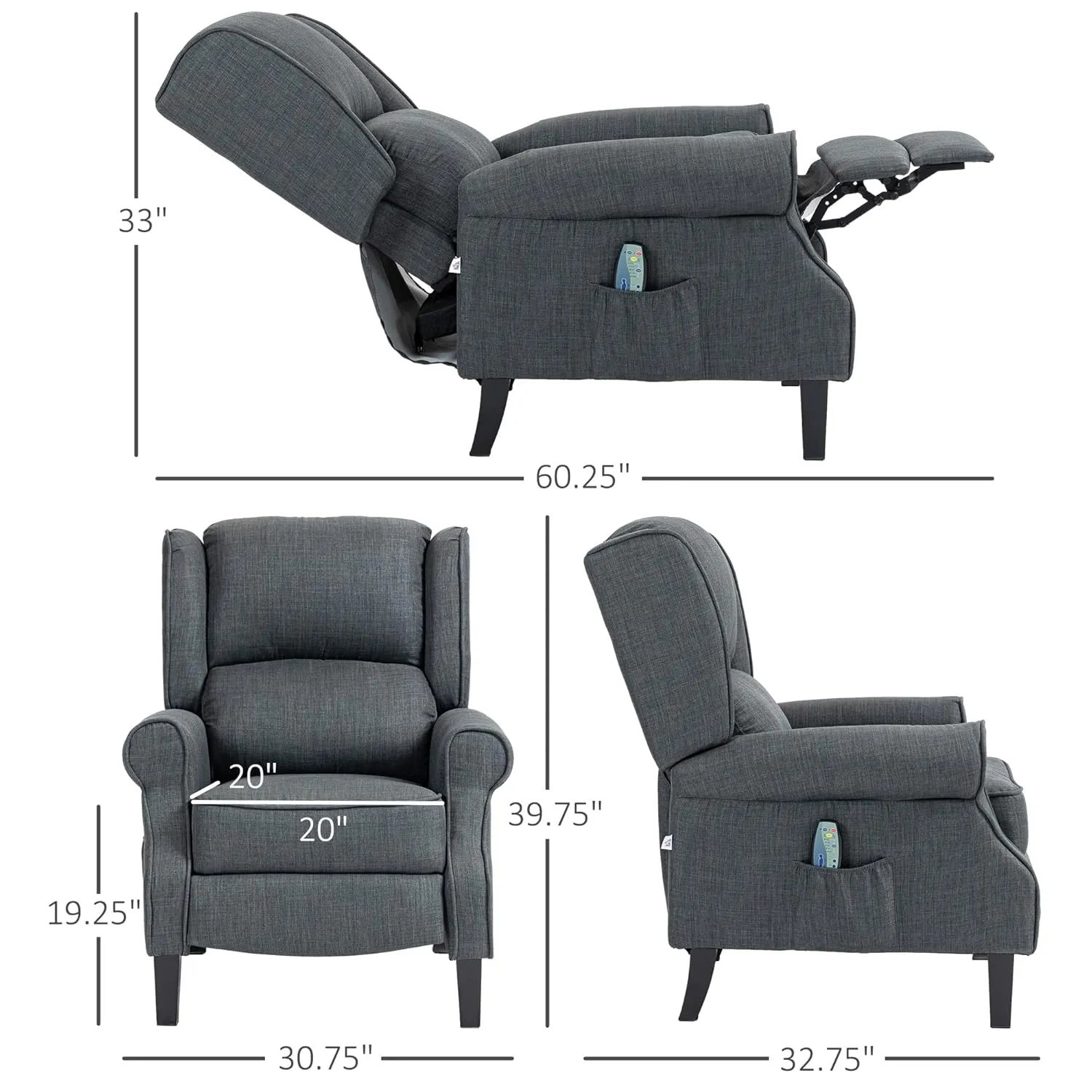 HOMCOM Vibrating Massage Recliner Chair for Living Room, Reclining Wingback Single Sofa with Heat, Linen Fabric Push Back Accent Chair with Footrest, Side Pocket, Charcoal Gray