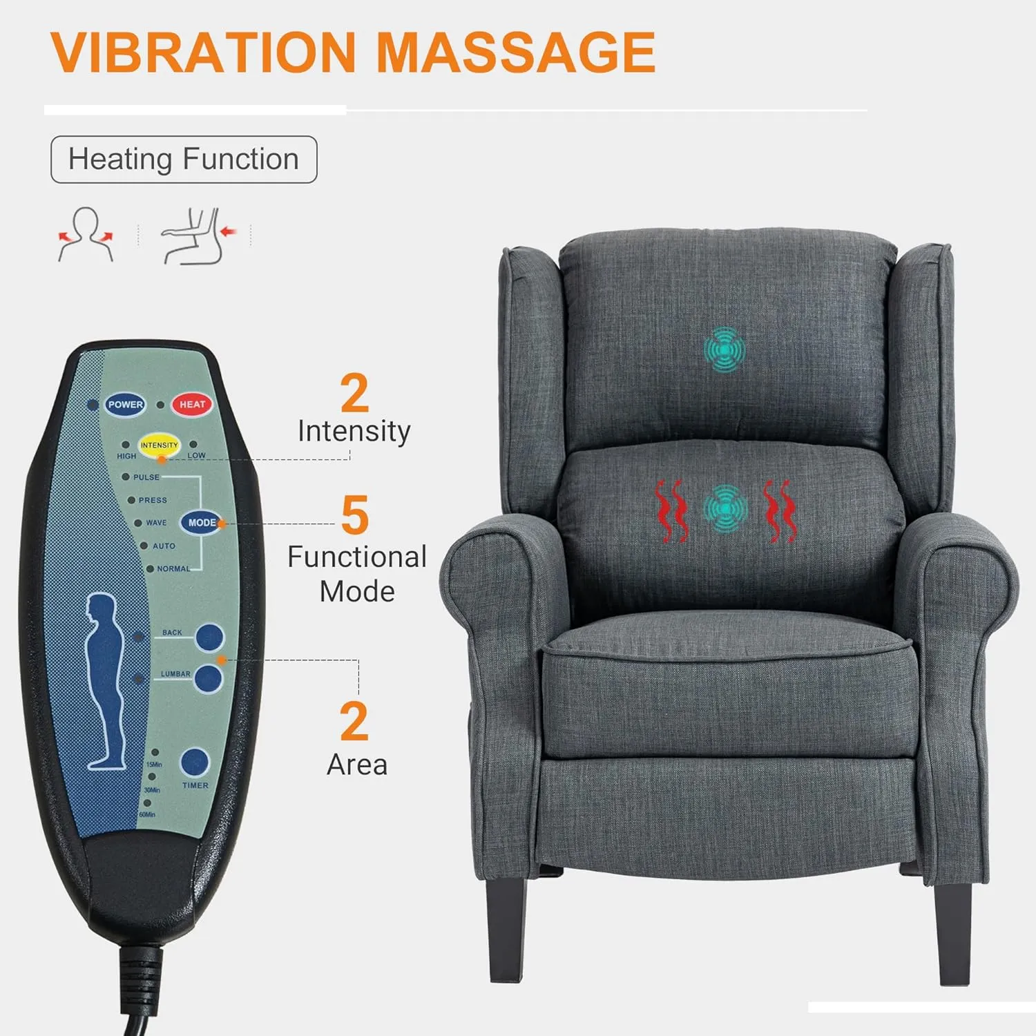 HOMCOM Vibrating Massage Recliner Chair for Living Room, Reclining Wingback Single Sofa with Heat, Linen Fabric Push Back Accent Chair with Footrest, Side Pocket, Charcoal Gray