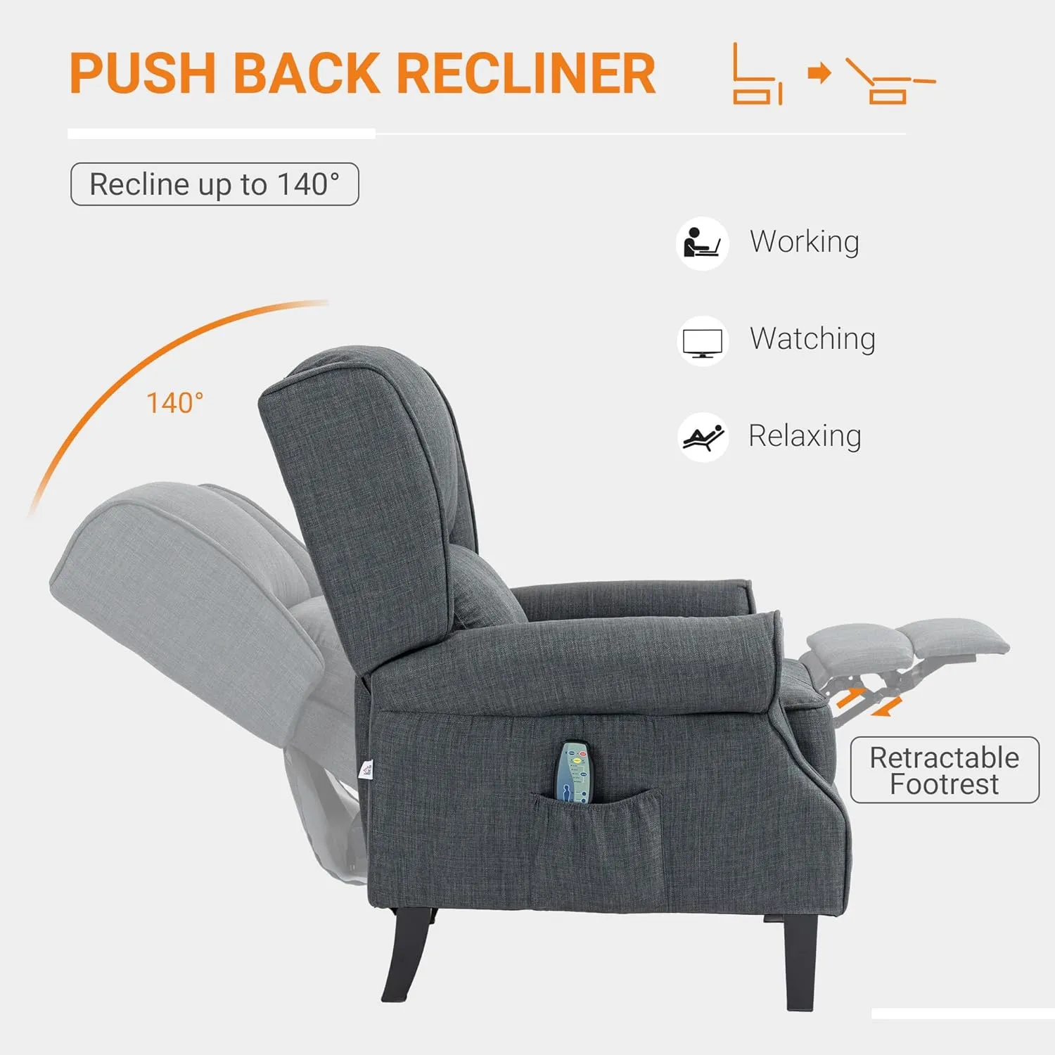 HOMCOM Vibrating Massage Recliner Chair for Living Room, Reclining Wingback Single Sofa with Heat, Linen Fabric Push Back Accent Chair with Footrest, Side Pocket, Charcoal Gray