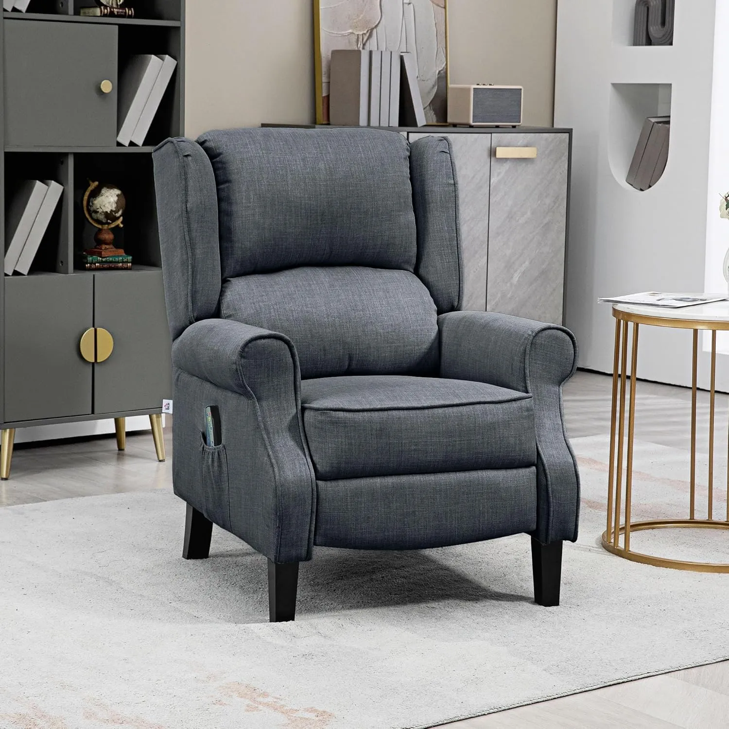 HOMCOM Vibrating Massage Recliner Chair for Living Room, Reclining Wingback Single Sofa with Heat, Linen Fabric Push Back Accent Chair with Footrest, Side Pocket, Charcoal Gray