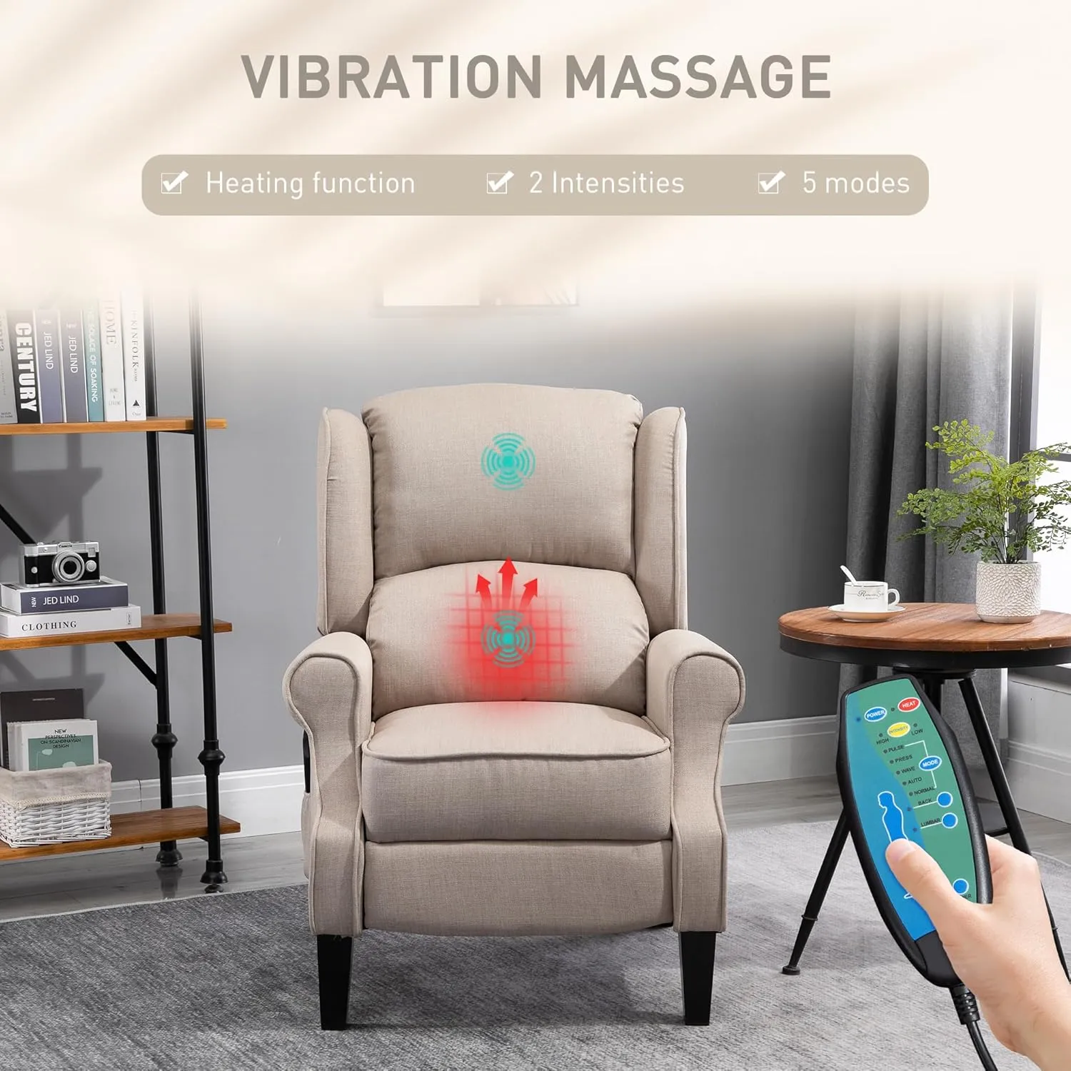 HOMCOM Vibration Massage Recliner Chair for Living Room with Heat, Wingback Single Sofa, Modern Linen Fabric Push Back Reclining Chair with Footrest, Side Pocket, Dark Beige
