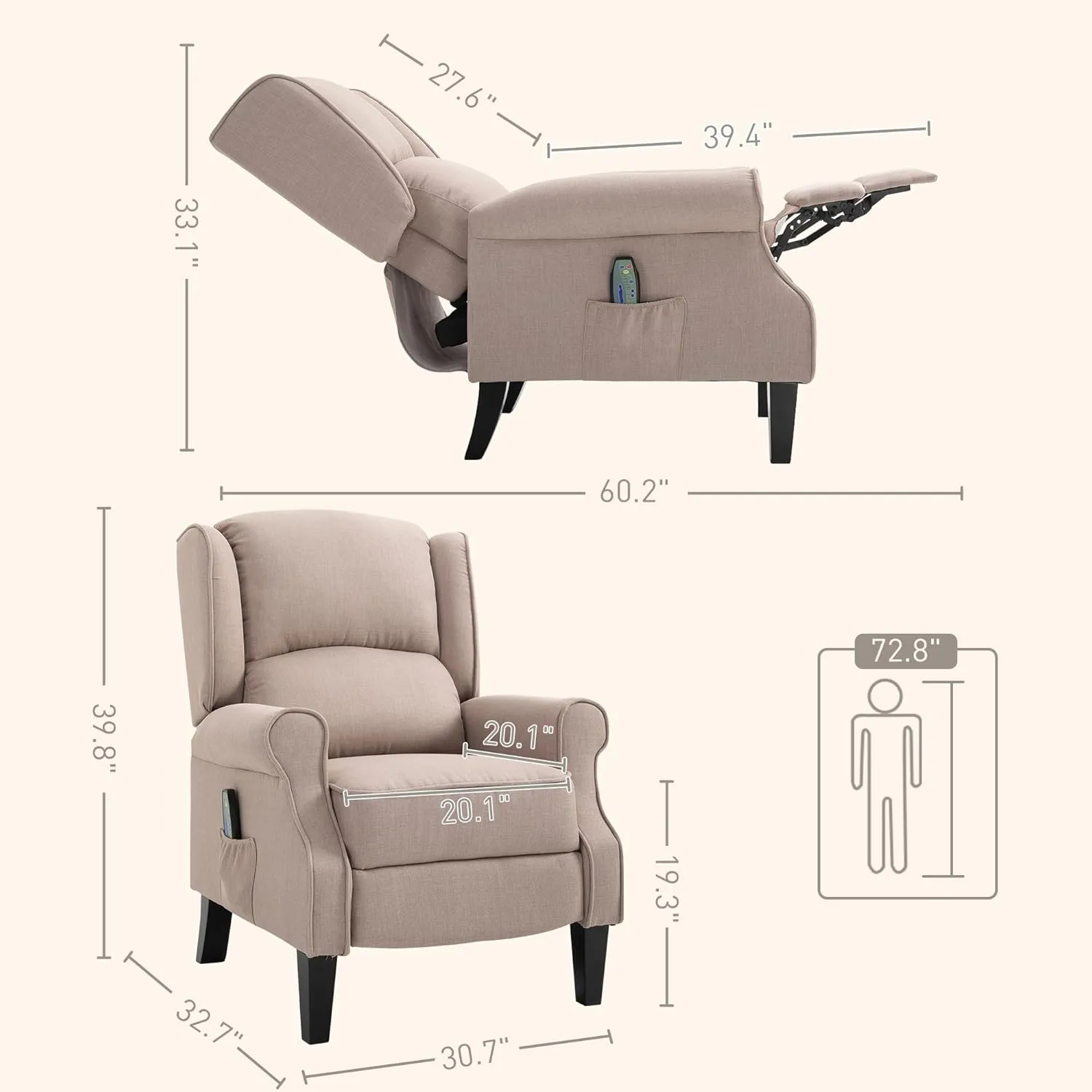 HOMCOM Vibration Massage Recliner Chair for Living Room with Heat, Wingback Single Sofa, Modern Linen Fabric Push Back Reclining Chair with Footrest, Side Pocket, Dark Beige