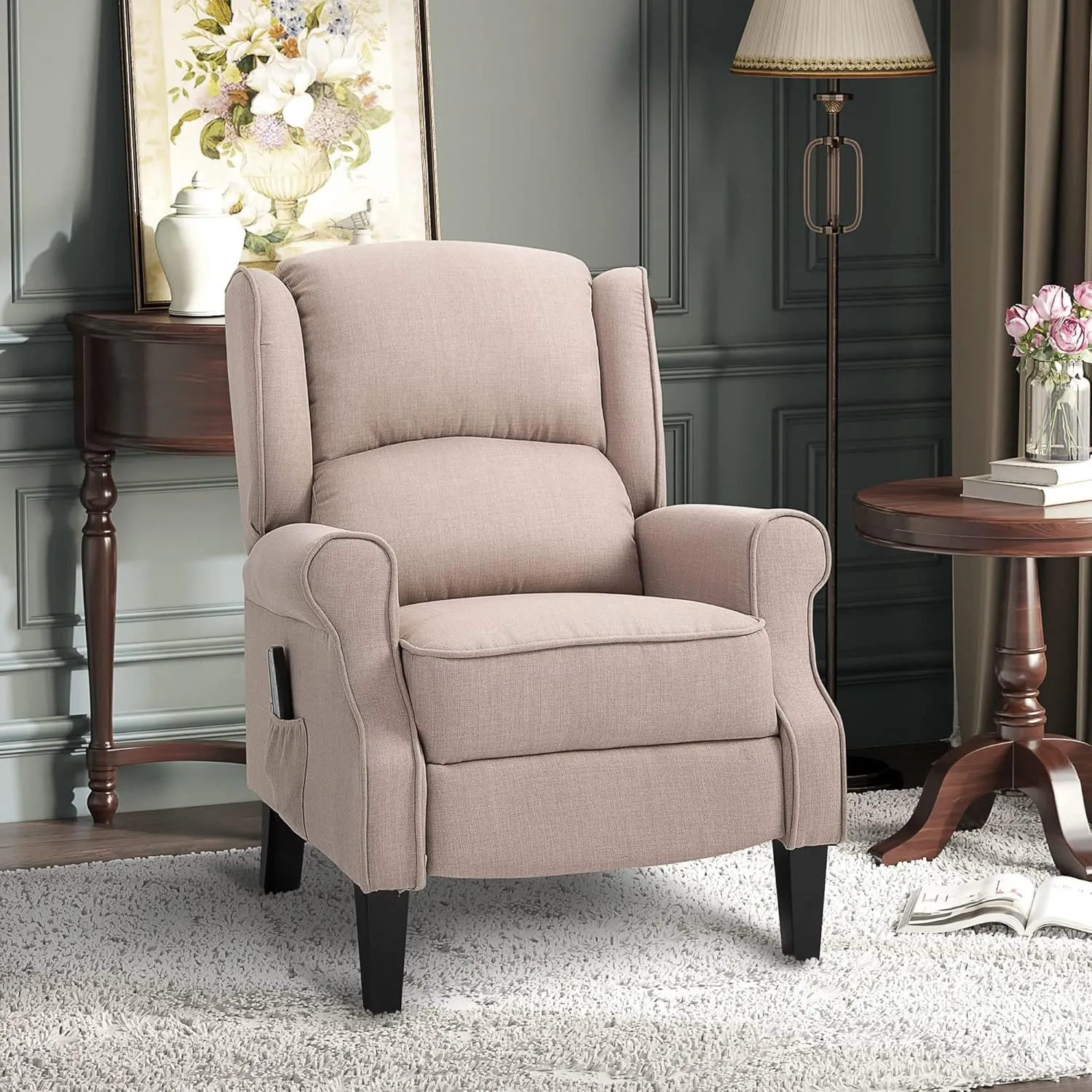 HOMCOM Vibration Massage Recliner Chair for Living Room with Heat, Wingback Single Sofa, Modern Linen Fabric Push Back Reclining Chair with Footrest, Side Pocket, Dark Beige