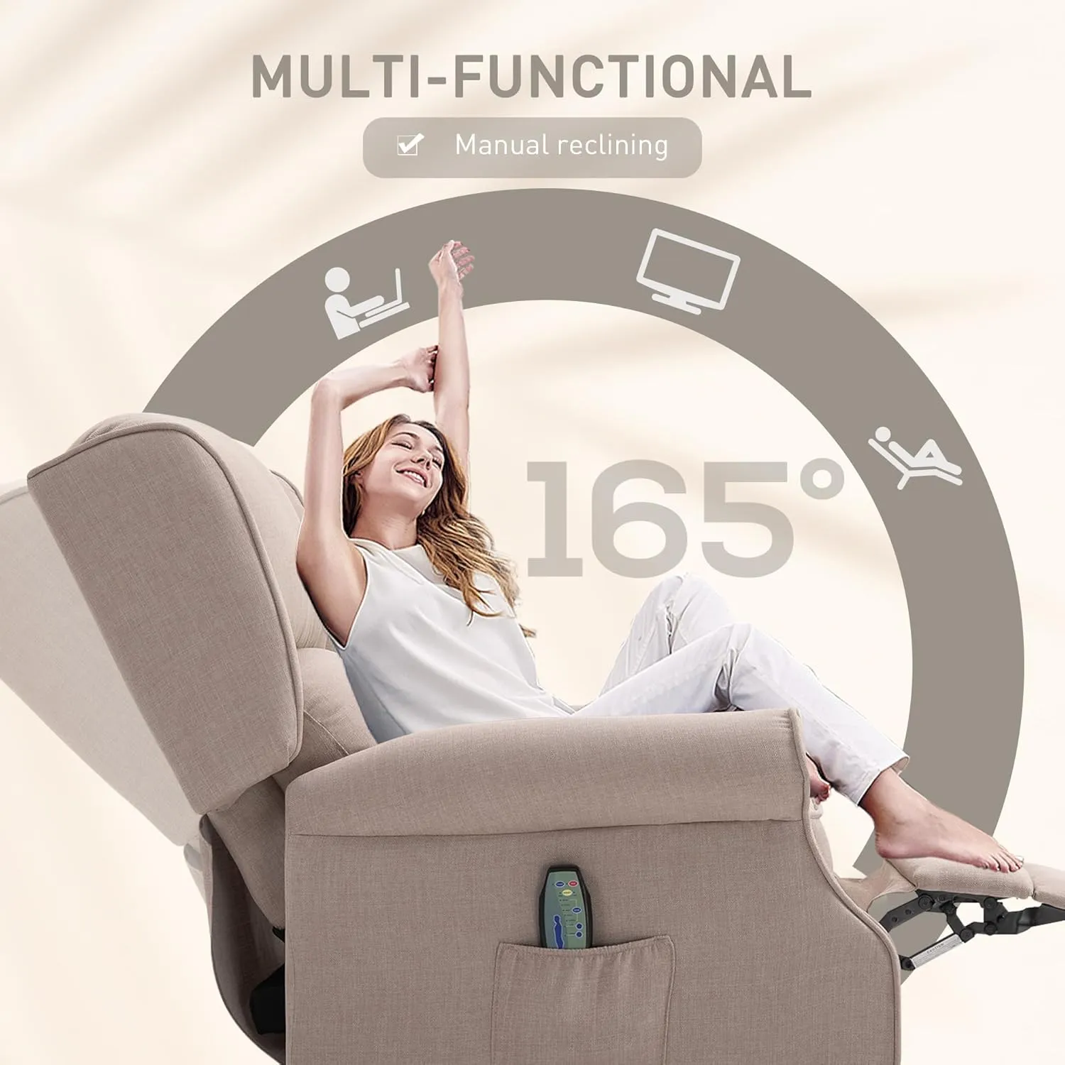 HOMCOM Vibration Massage Recliner Chair for Living Room with Heat, Wingback Single Sofa, Modern Linen Fabric Push Back Reclining Chair with Footrest, Side Pocket, Dark Beige