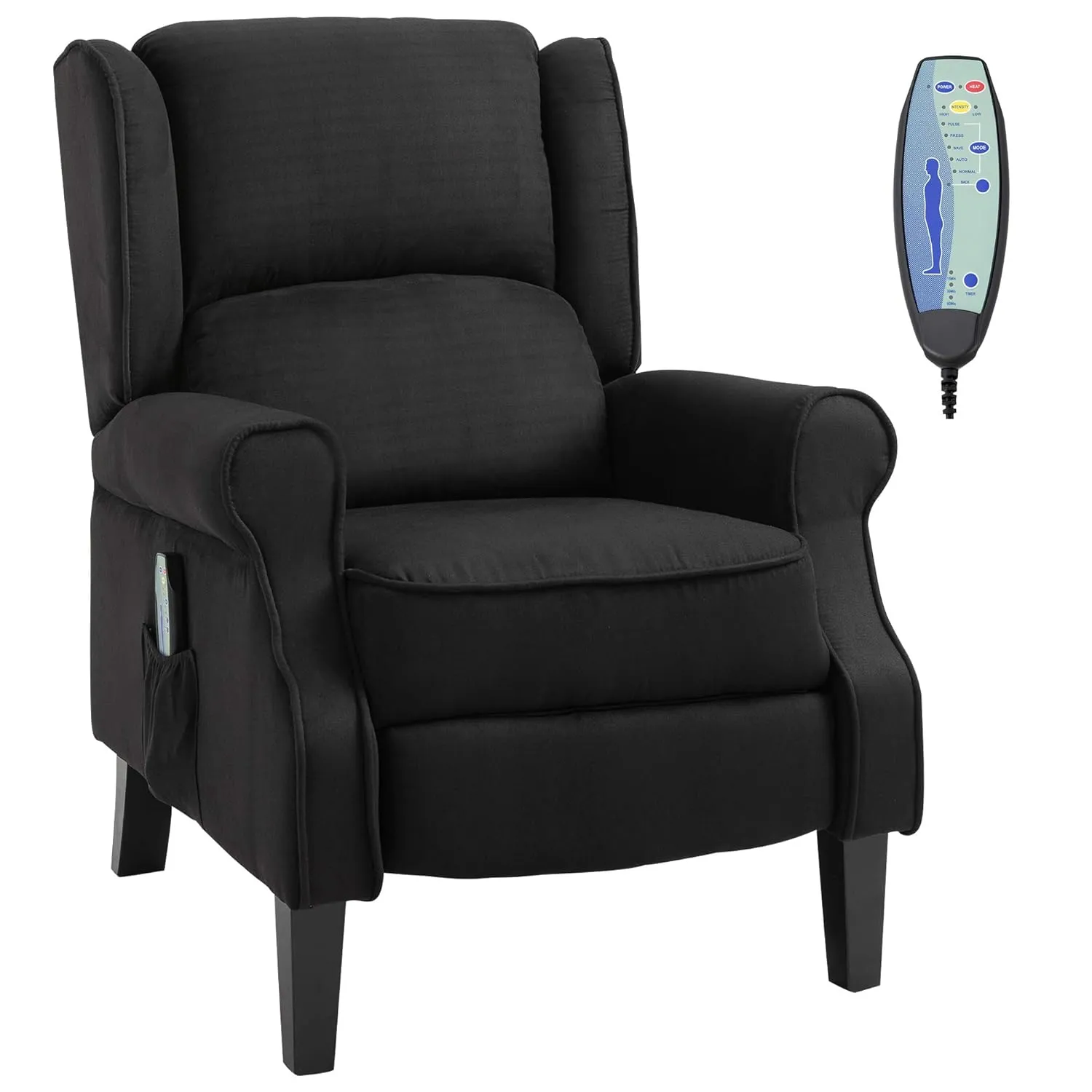 HOMCOM Vibration Massage Recliner Chair for Living Room with Heat, Wingback Single Sofa, Modern Suede Fabric Push Back Reclining Chair with Footrest, Side Pocket, Black