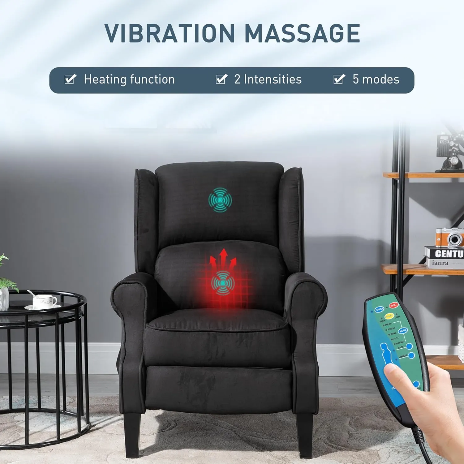 HOMCOM Vibration Massage Recliner Chair for Living Room with Heat, Wingback Single Sofa, Modern Suede Fabric Push Back Reclining Chair with Footrest, Side Pocket, Black