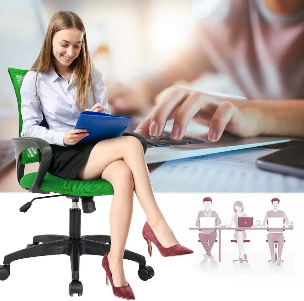Home Office Chair Mid Back Desk Chair1 Ergonomic Mesh Computer Gaming with Larger Seat, Executive Height Adjustable Swivel Task with Lumbar Support Armrest for Women Adults Green