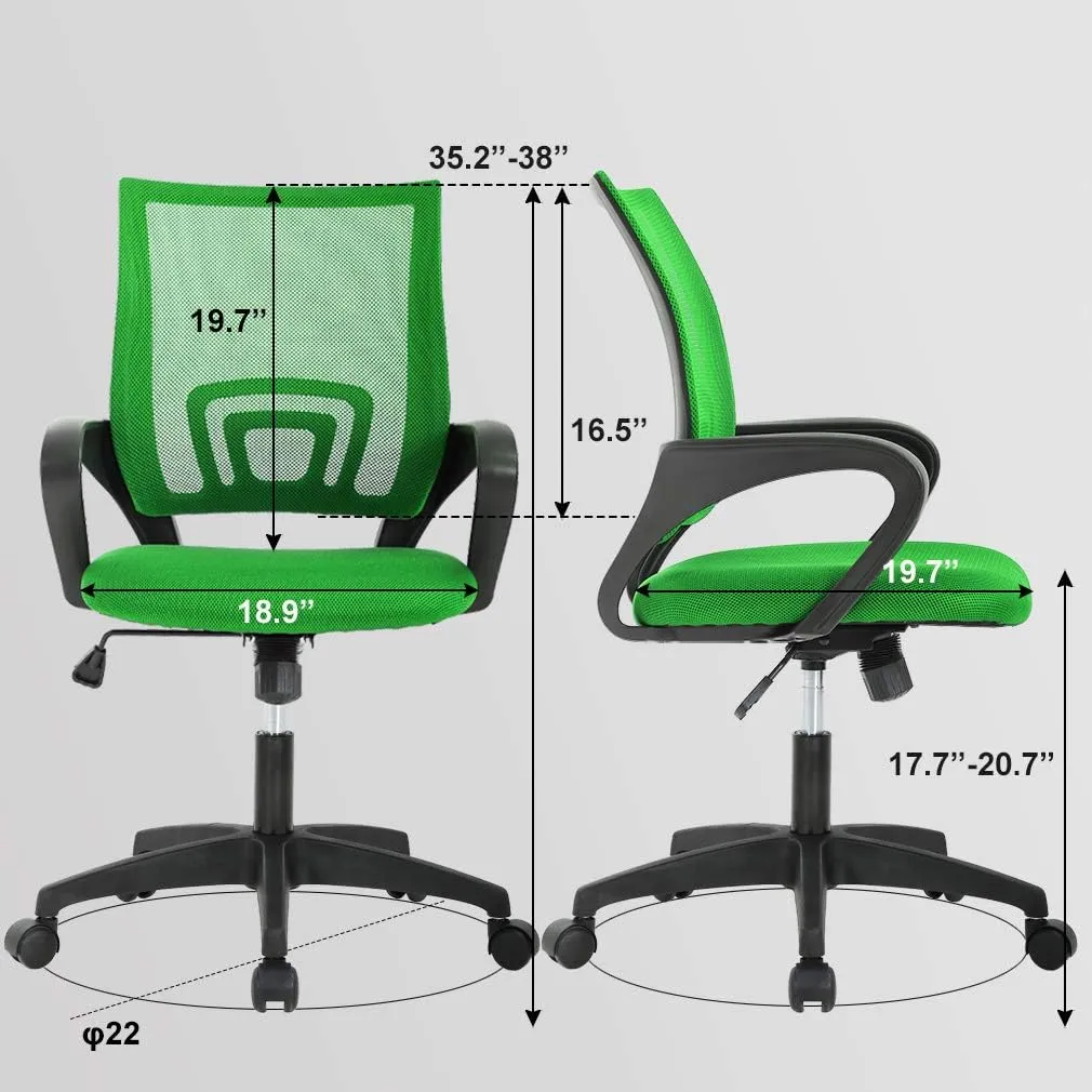 Home Office Chair Mid Back Desk Chair1 Ergonomic Mesh Computer Gaming with Larger Seat, Executive Height Adjustable Swivel Task with Lumbar Support Armrest for Women Adults Green