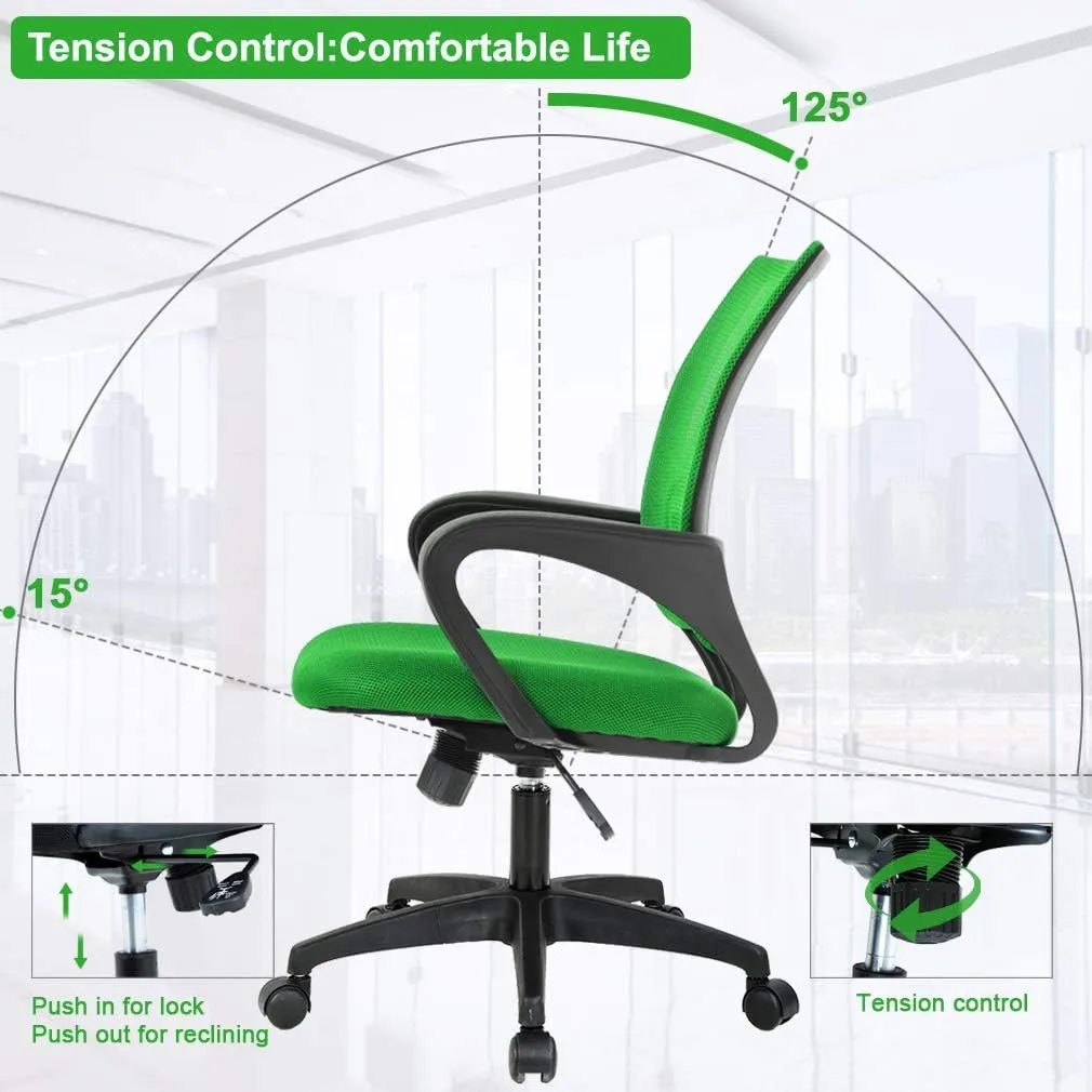 Home Office Chair Mid Back Desk Chair1 Ergonomic Mesh Computer Gaming with Larger Seat, Executive Height Adjustable Swivel Task with Lumbar Support Armrest for Women Adults Green