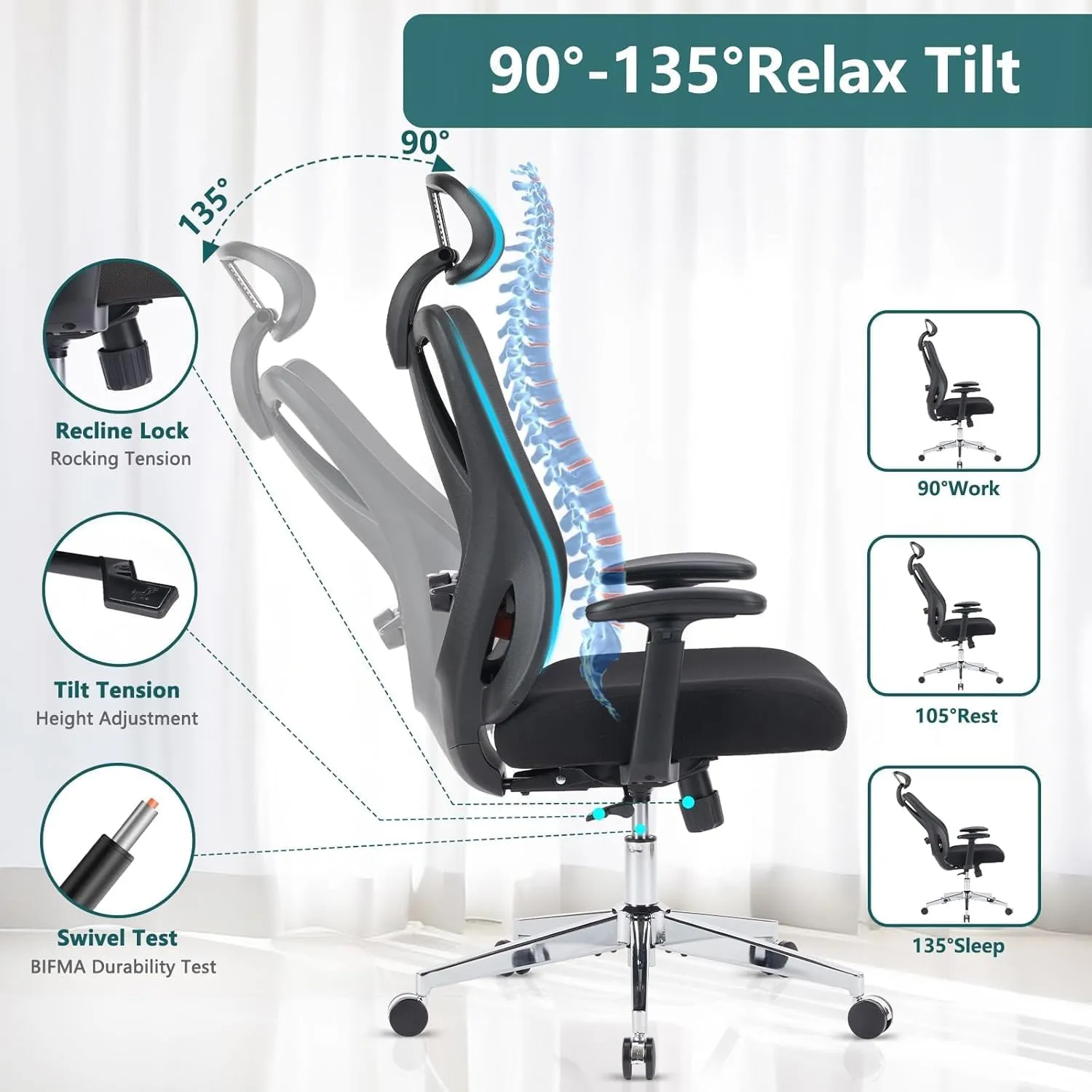 Home Office Desk Chair,2D Armrest Adjustable Lumbar Support & Headrest,Ergonomic High Back Rolling Work Swivel Computer Chairs with Wheels,135°Tilt Function
