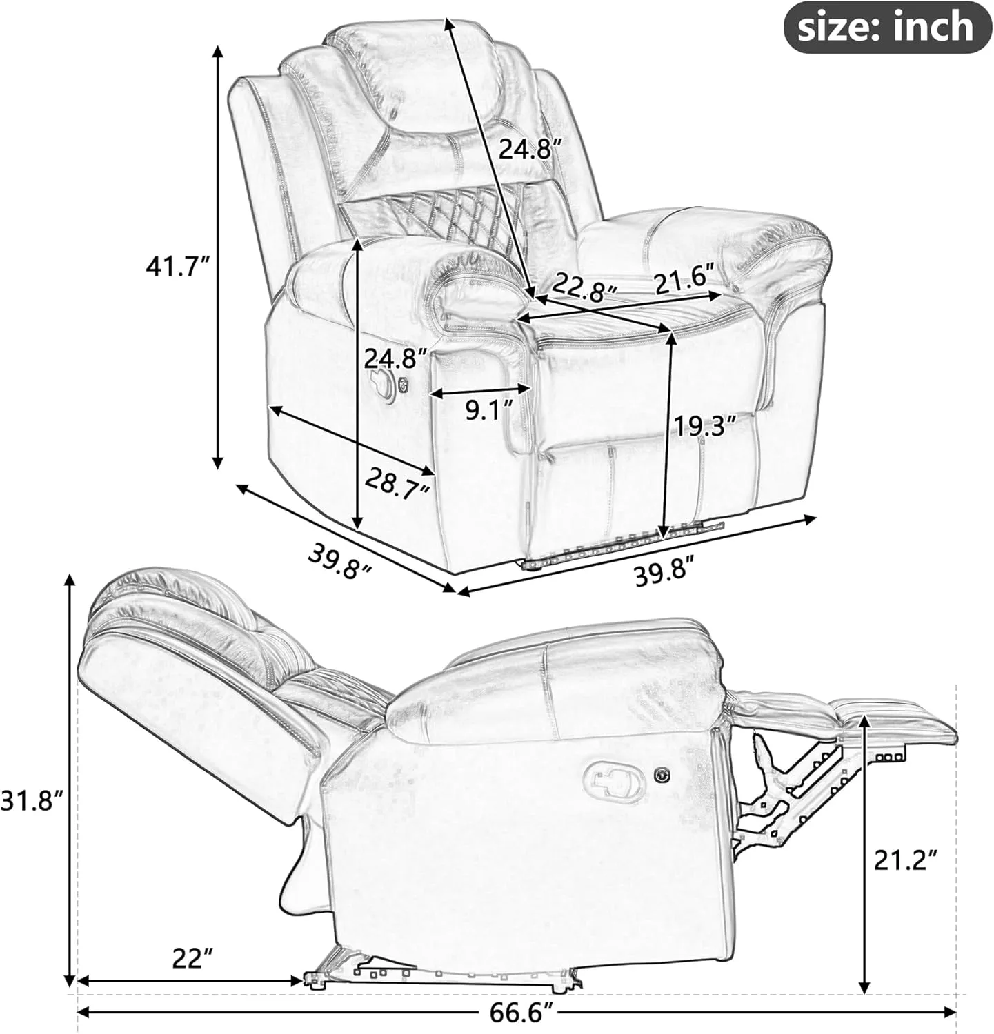 Home Theater Seating Manual Recliner Chair with LED Light Strip for Living Room,Bedroom, Black