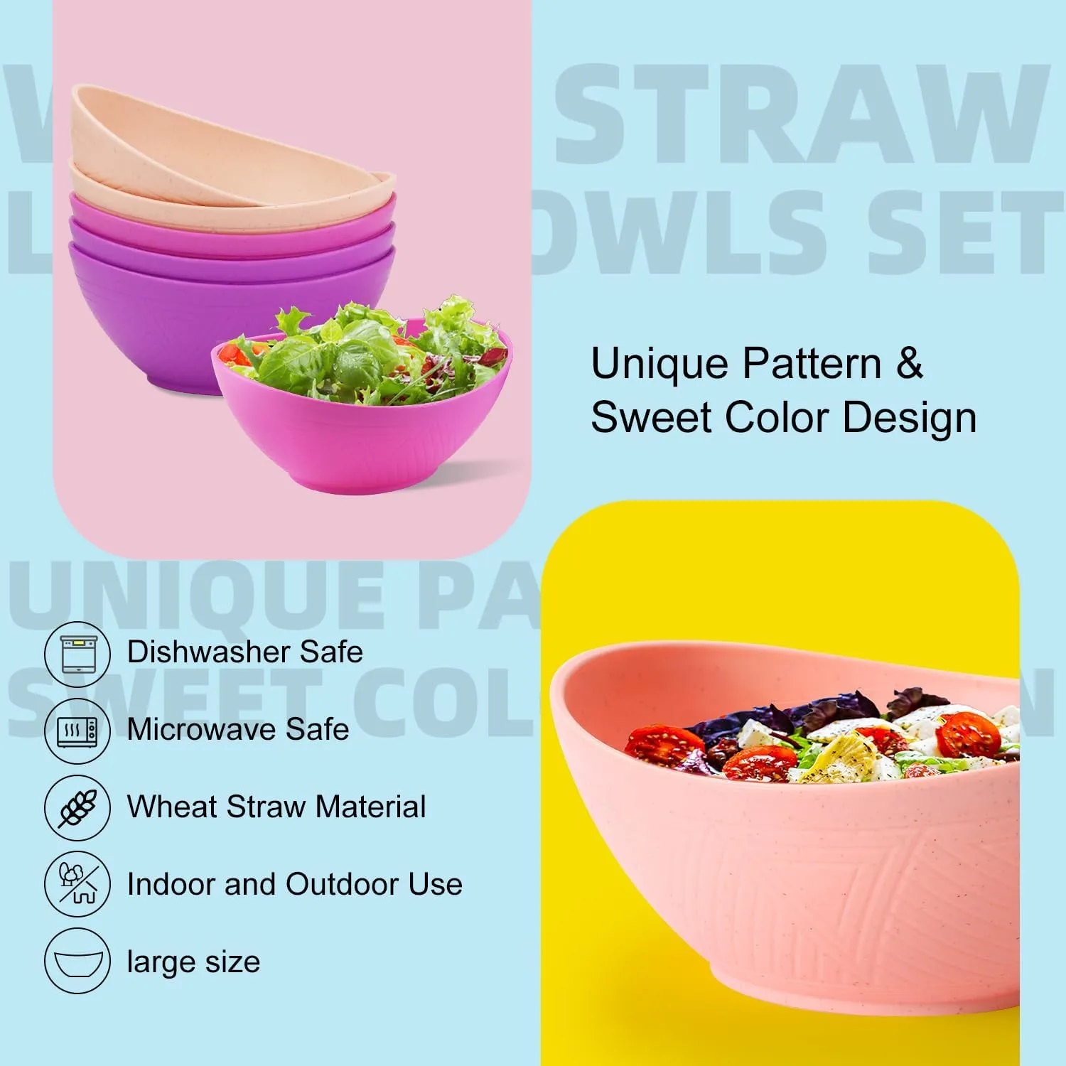 Homienly Large Salad Bowl 60 oz, Wheat Straw Bowl Sets of 6, Unbreakable Serving Bowls for Kichen, Camping, Microwave and Dishwasher Safe Bowls, Serving Bowls for Party - Flowers Series