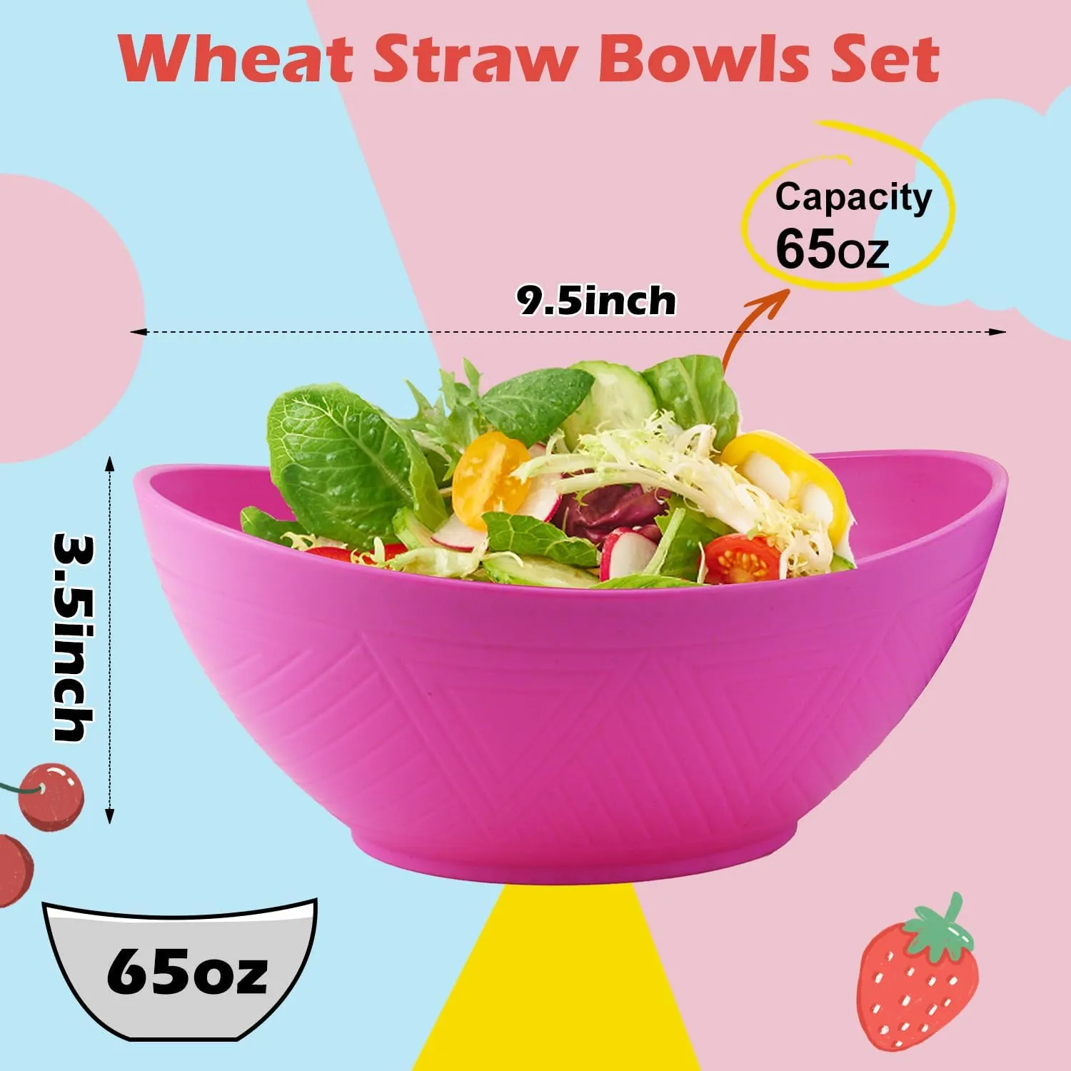 Homienly Large Salad Bowl 60 oz, Wheat Straw Bowl Sets of 6, Unbreakable Serving Bowls for Kichen, Camping, Microwave and Dishwasher Safe Bowls, Serving Bowls for Party - Flowers Series