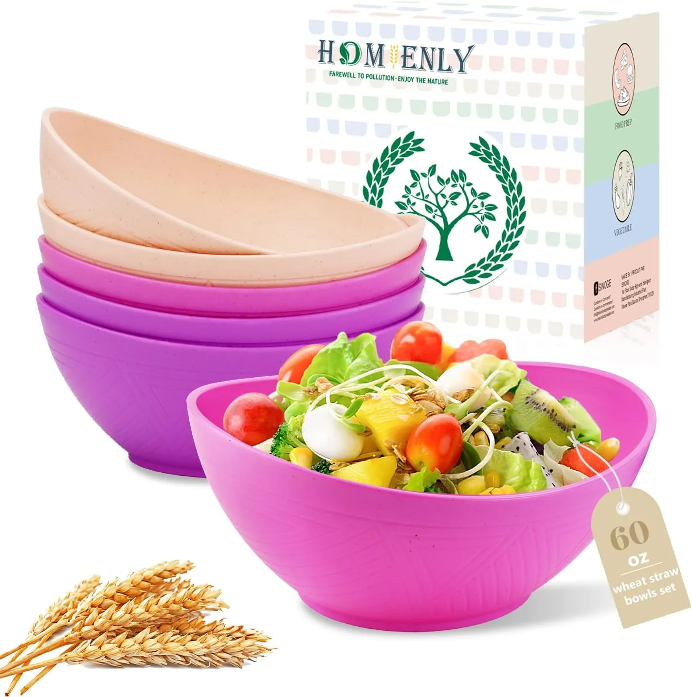 Homienly Large Salad Bowl 60 oz, Wheat Straw Bowl Sets of 6, Unbreakable Serving Bowls for Kichen, Camping, Microwave and Dishwasher Safe Bowls, Serving Bowls for Party - Flowers Series