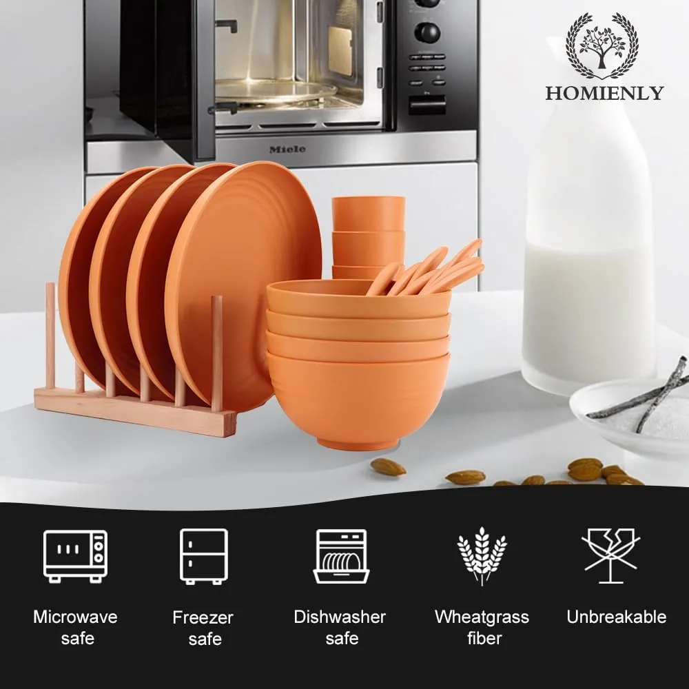 Homienly Wheat Straw Dinnerware Sets, 20pcs Unbreakable Microwave Dishwasher Safe Tableware Lightweight Bowls, Cups, Plates Set Reusable Dinner Plates Bowls set (Orange)
