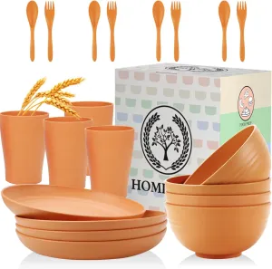 Homienly Wheat Straw Dinnerware Sets, 20pcs Unbreakable Microwave Dishwasher Safe Tableware Lightweight Bowls, Cups, Plates Set Reusable Dinner Plates Bowls set (Orange)