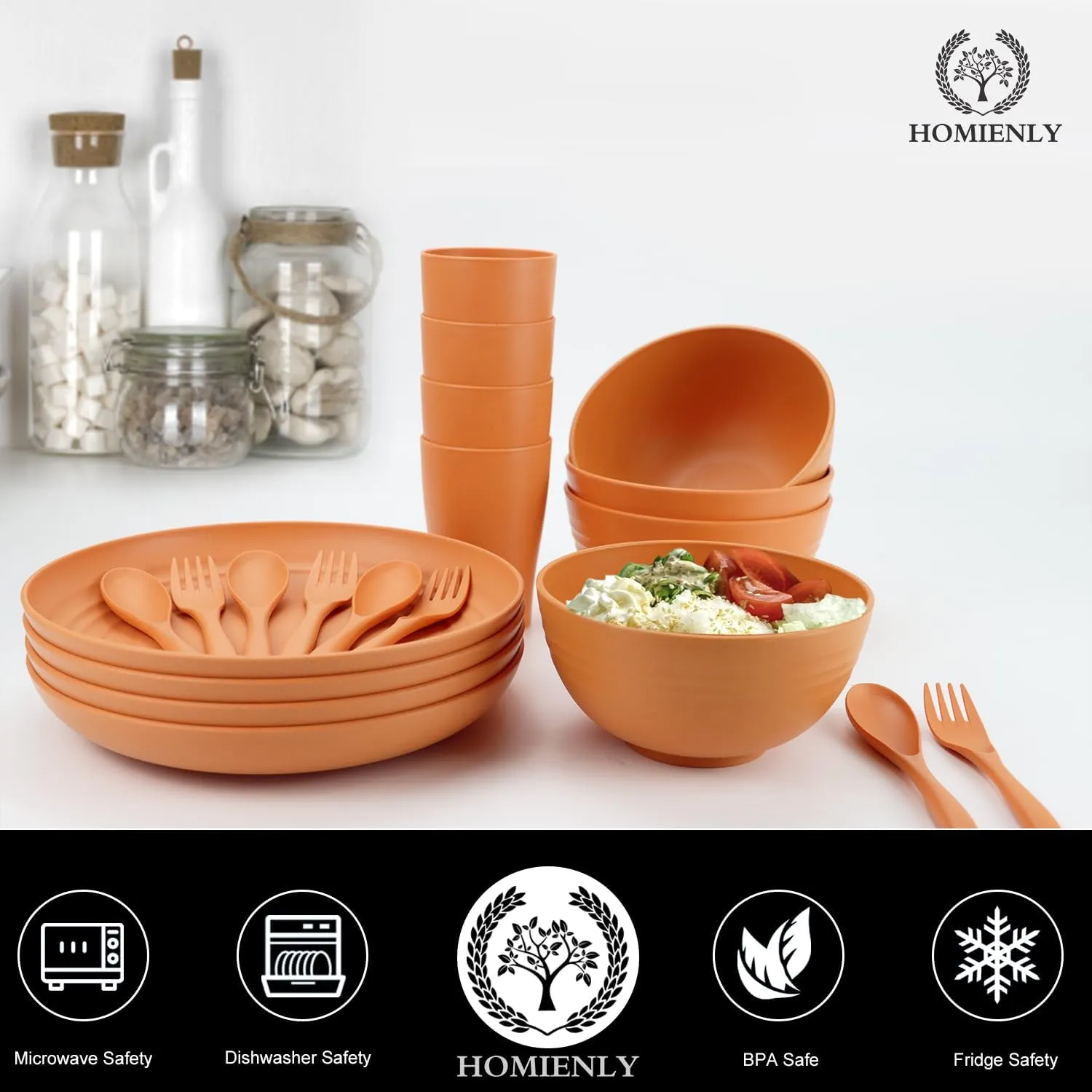 Homienly Wheat Straw Dinnerware Sets, 20pcs Unbreakable Microwave Dishwasher Safe Tableware Lightweight Bowls, Cups, Plates Set Reusable Dinner Plates Bowls set (Orange)