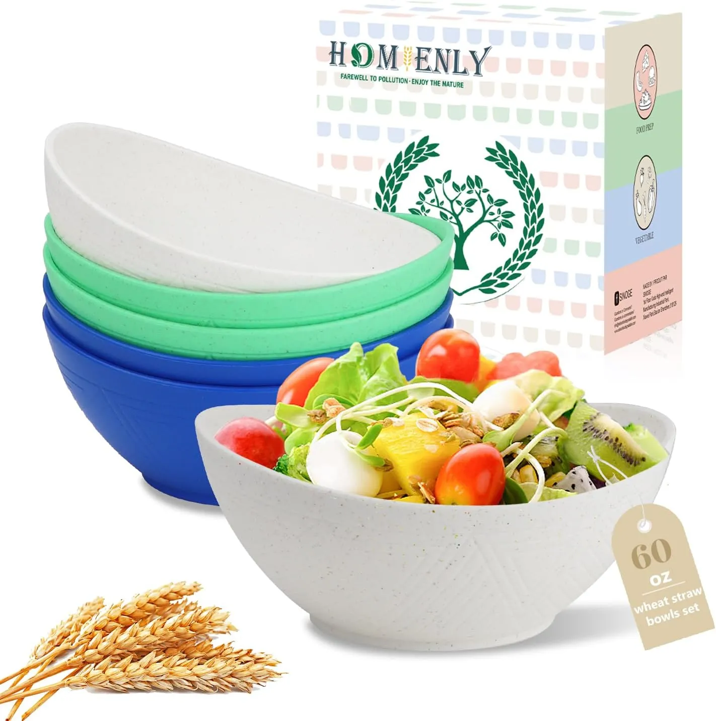 Homienly Wheat Straw Serving Bowls Set of 6, Unbreakable Salad Bowls - 60 OZ Large Bowls, U Large Serving Dishes for Wedding and Dinner Parties, Microwave and Dishwasher Safe Bowls - Island Series