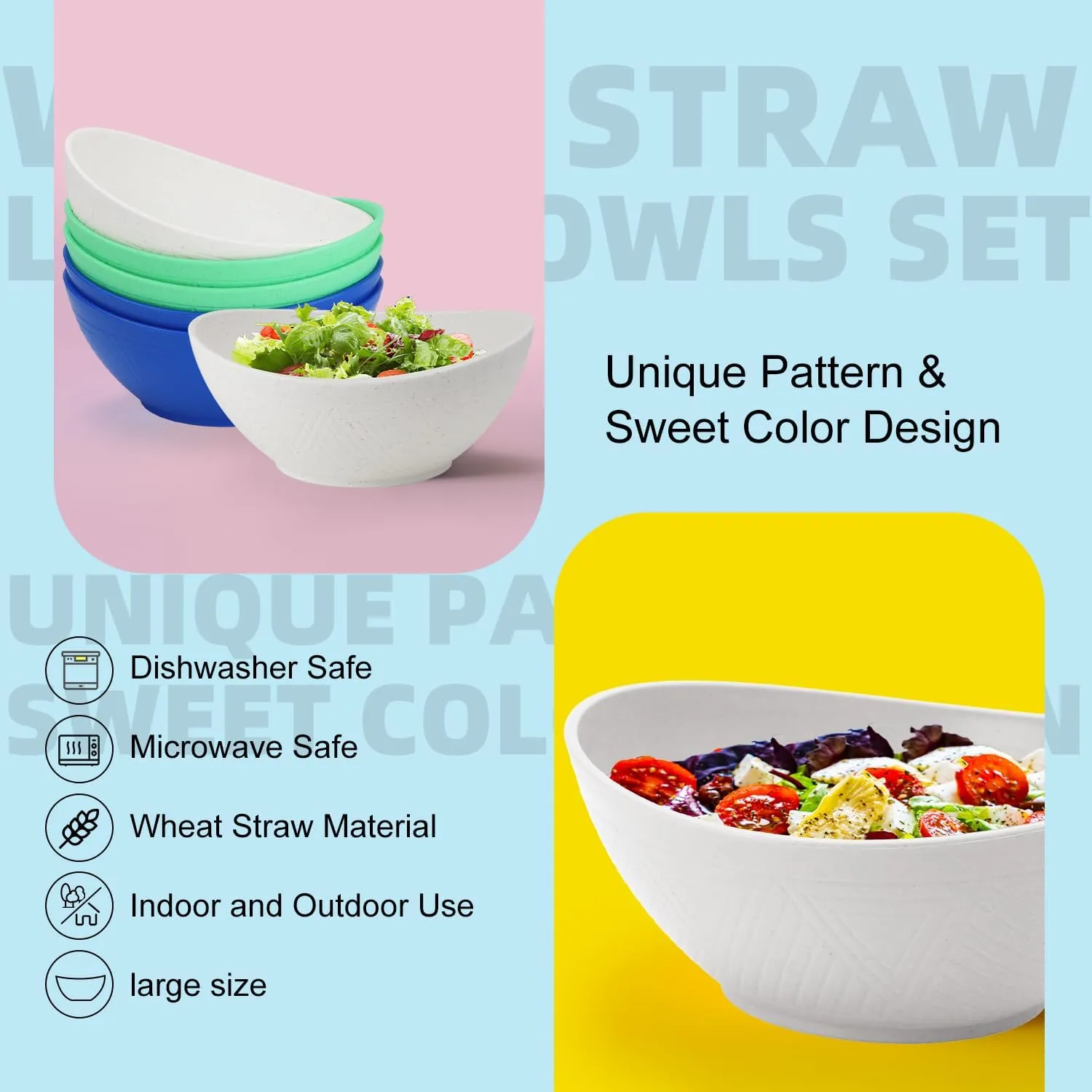 Homienly Wheat Straw Serving Bowls Set of 6, Unbreakable Salad Bowls - 60 OZ Large Bowls, U Large Serving Dishes for Wedding and Dinner Parties, Microwave and Dishwasher Safe Bowls - Island Series