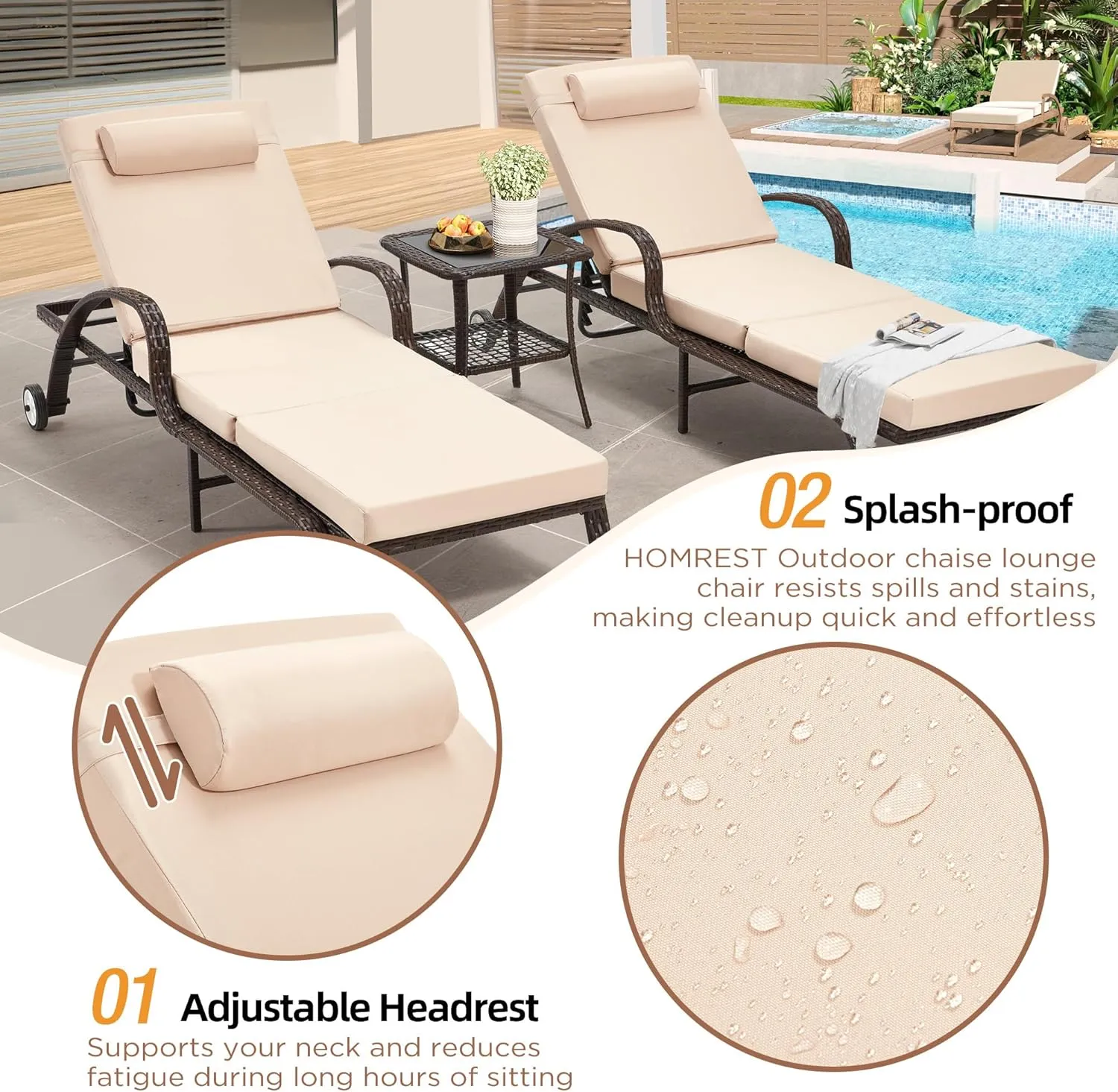 HOMREST Wicker Chaise Lounge Set of 3, Pool Lounge Chair with Side Table, Outdoor Reclining Lounger Chair with Wheels 5-Level Adjustable Backrest for Poolside Deck Lawn,Khaki