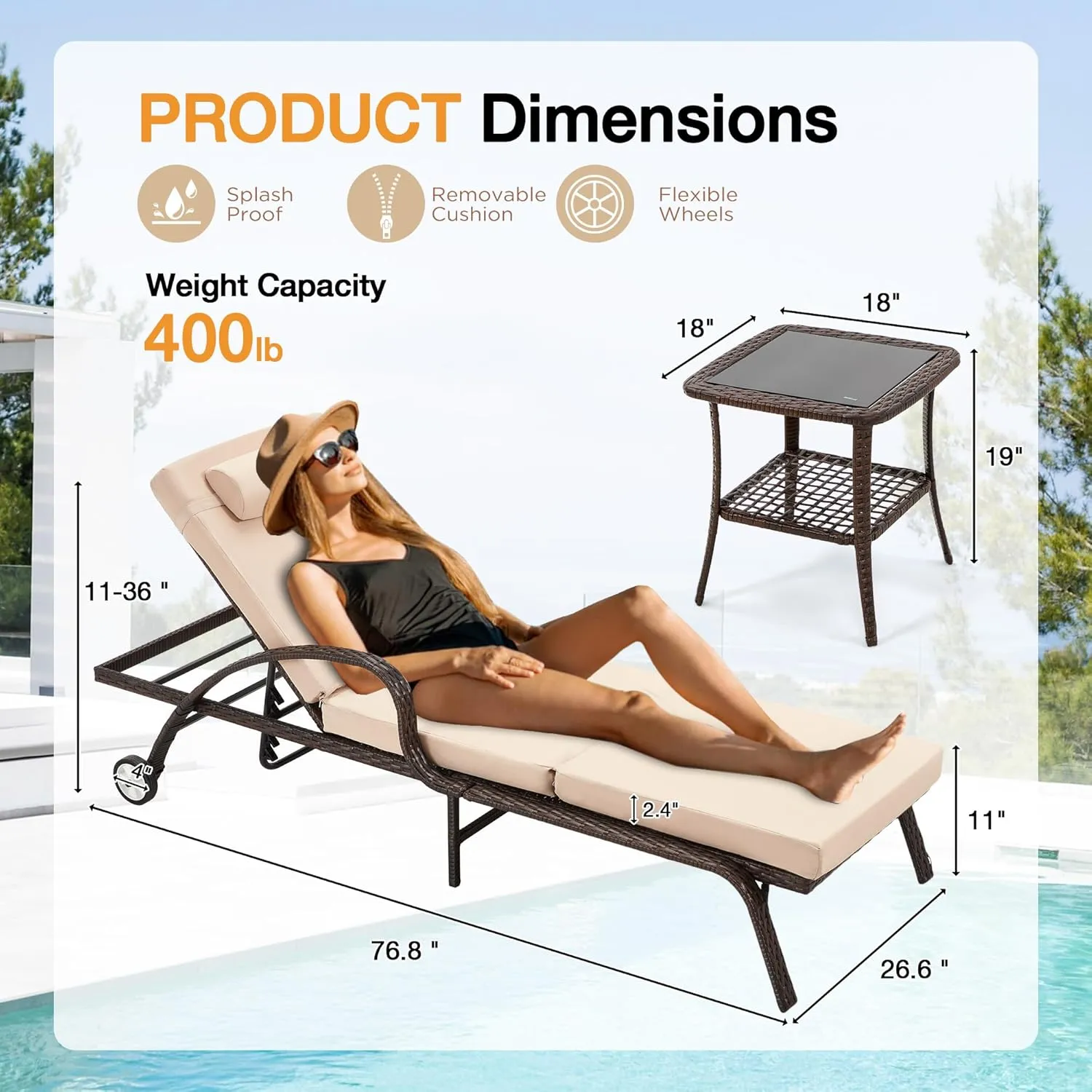 HOMREST Wicker Chaise Lounge Set of 3, Pool Lounge Chair with Side Table, Outdoor Reclining Lounger Chair with Wheels 5-Level Adjustable Backrest for Poolside Deck Lawn,Khaki