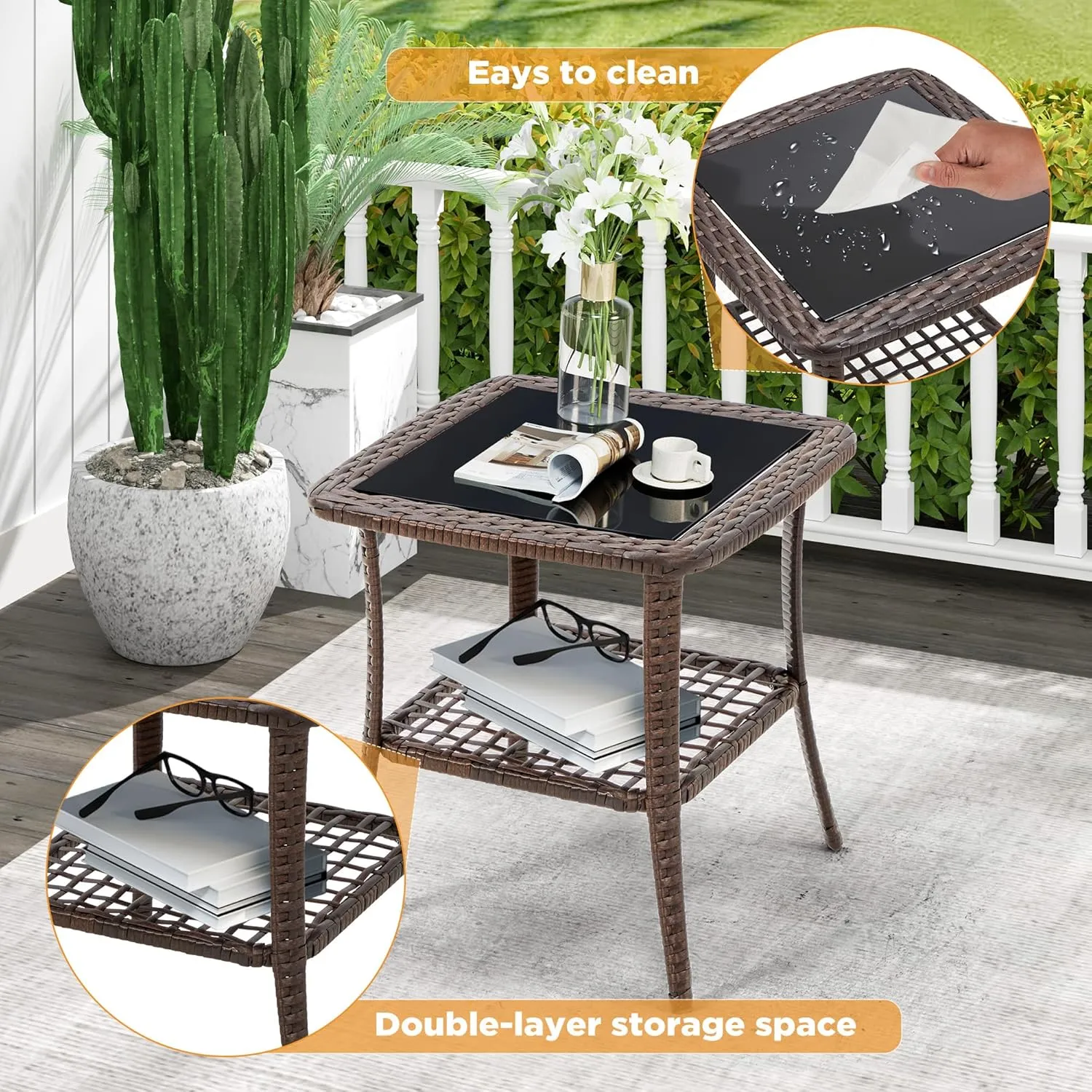 HOMREST Wicker Chaise Lounge Set of 3, Pool Lounge Chair with Side Table, Outdoor Reclining Lounger Chair with Wheels 5-Level Adjustable Backrest for Poolside Deck Lawn,Khaki