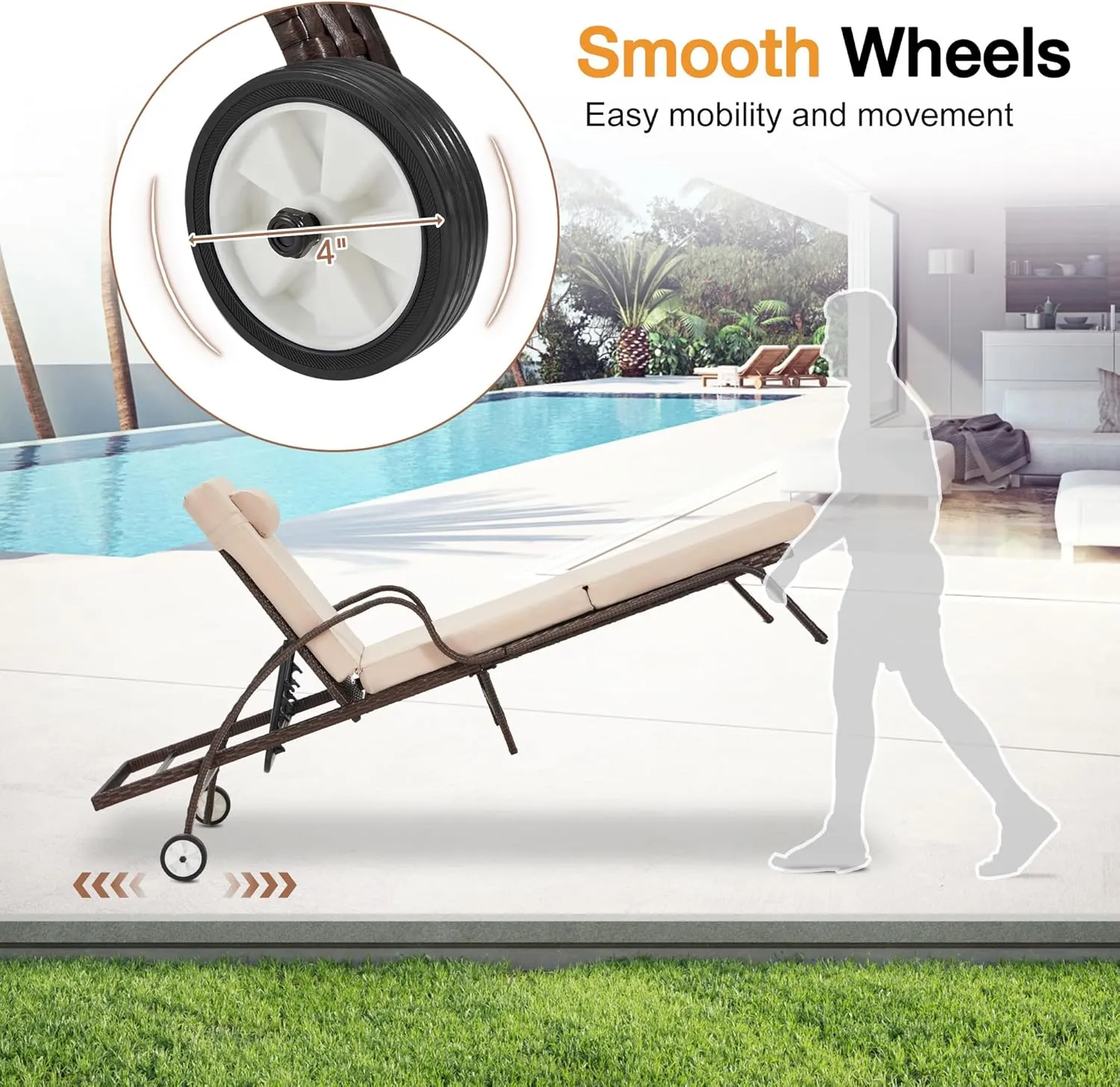 HOMREST Wicker Chaise Lounge Set of 3, Pool Lounge Chair with Side Table, Outdoor Reclining Lounger Chair with Wheels 5-Level Adjustable Backrest for Poolside Deck Lawn,Khaki