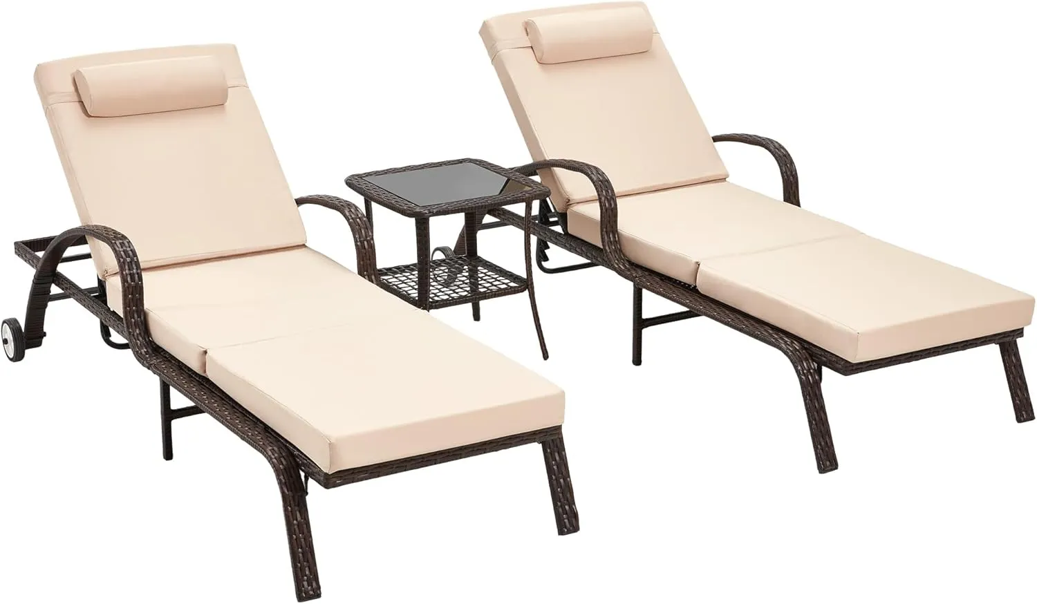 HOMREST Wicker Chaise Lounge Set of 3, Pool Lounge Chair with Side Table, Outdoor Reclining Lounger Chair with Wheels 5-Level Adjustable Backrest for Poolside Deck Lawn,Khaki