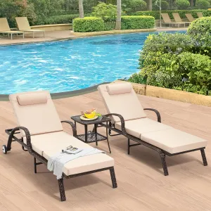 HOMREST Wicker Chaise Lounge Set of 3, Pool Lounge Chair with Side Table, Outdoor Reclining Lounger Chair with Wheels 5-Level Adjustable Backrest for Poolside Deck Lawn,Khaki