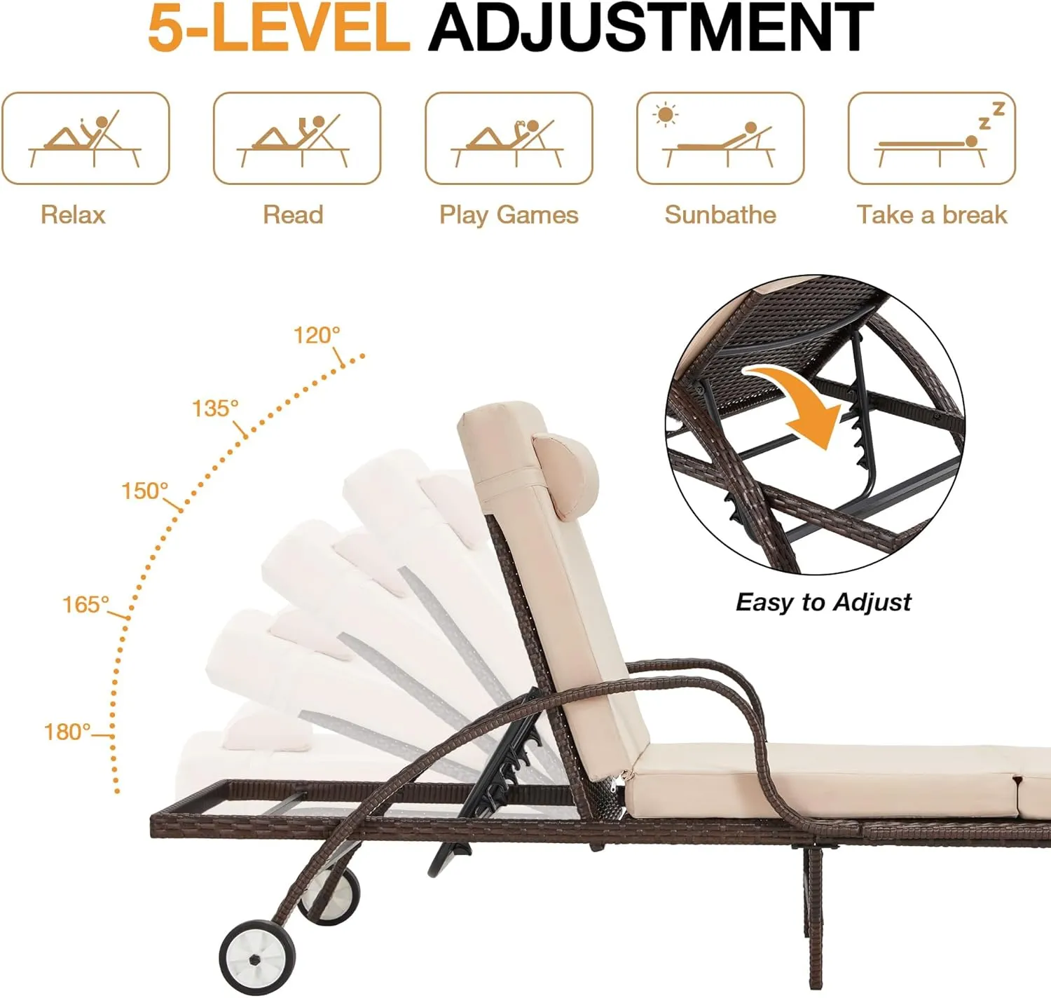HOMREST Wicker Chaise Lounge Set of 3, Pool Lounge Chair with Side Table, Outdoor Reclining Lounger Chair with Wheels 5-Level Adjustable Backrest for Poolside Deck Lawn,Khaki